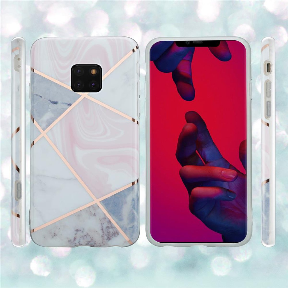 Una custodia per telefono con un design marmoreo e dettagli dorati sul retro. Due viste laterali mostrano la custodia con rosa e mani.