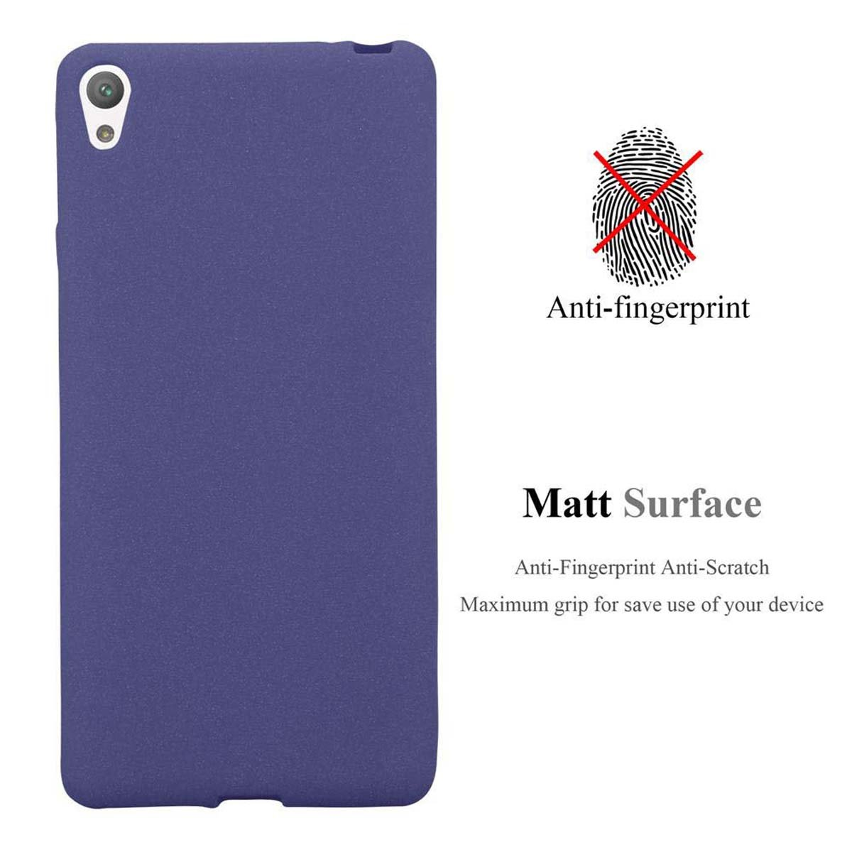Funda de teléfono morada, con superficie mate y un símbolo anti-huellas.