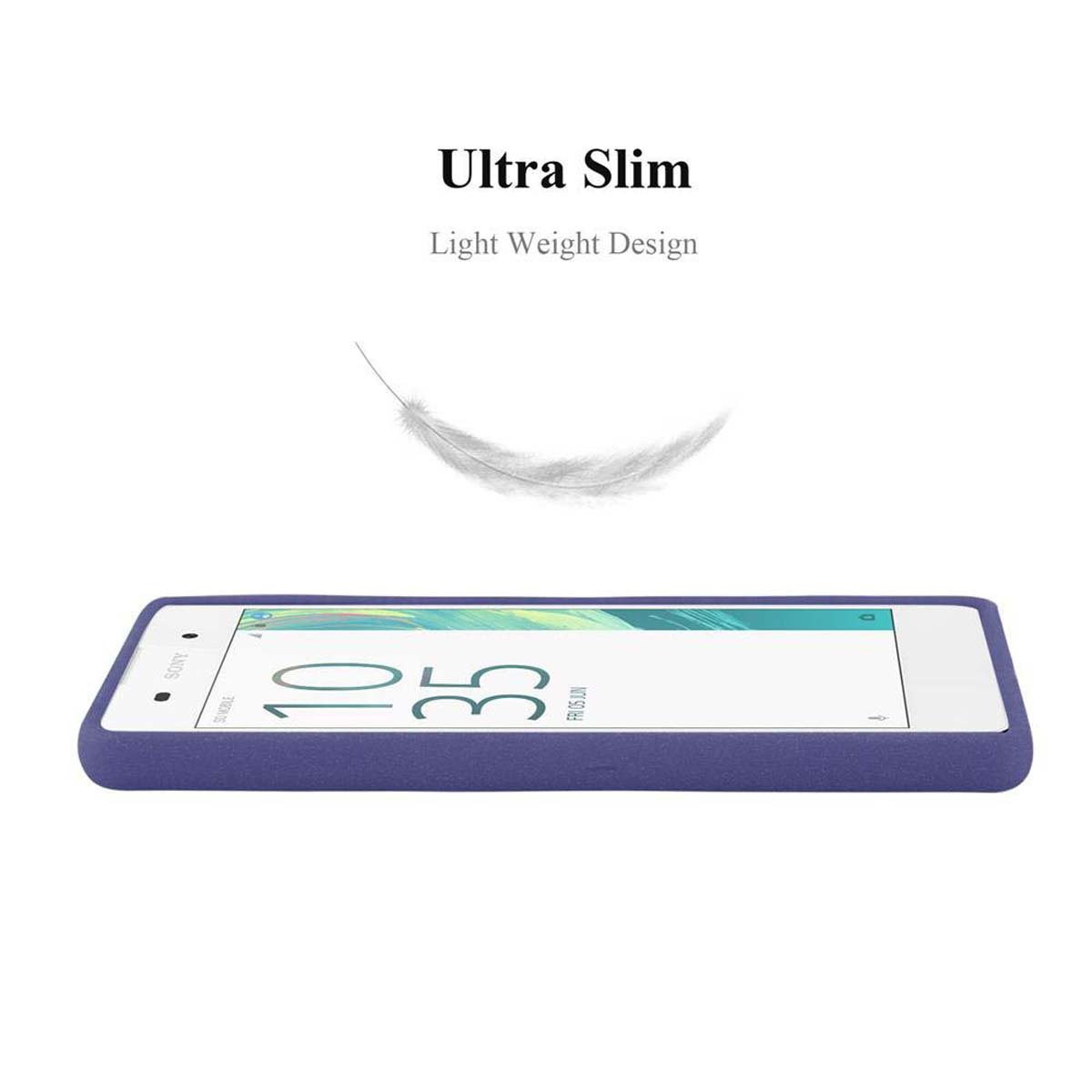 Funda de teléfono morada con diseño claro. El teléfono está dentro.