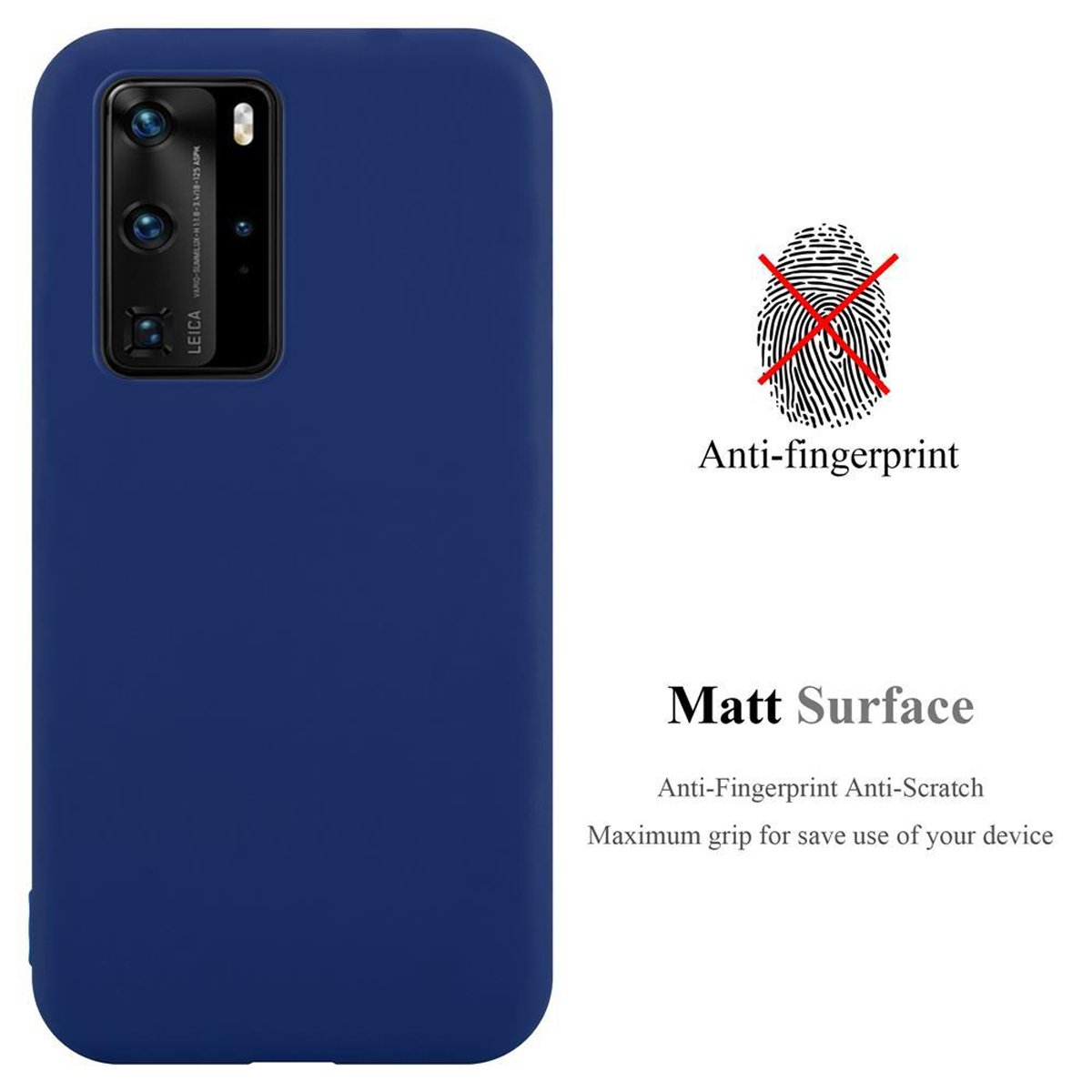Custodia blu con superficie opaca. Funzione anti-impronta. Testo: Superficie opaca.