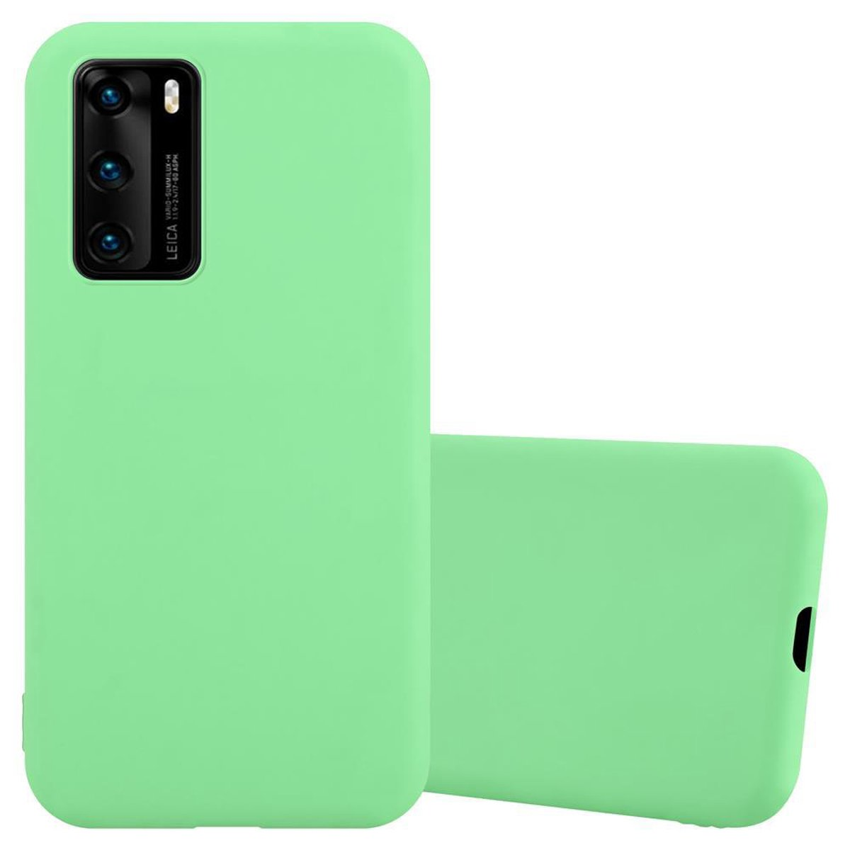 Custodia verde per telefono con un telefono all'interno. Il telefono ha più fotocamere.