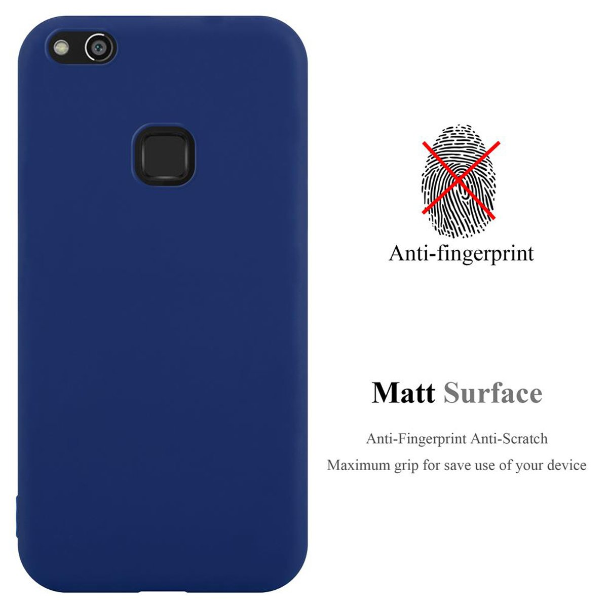 Una cover blu per telefono con foro fotocamera e testo anti-impronta.