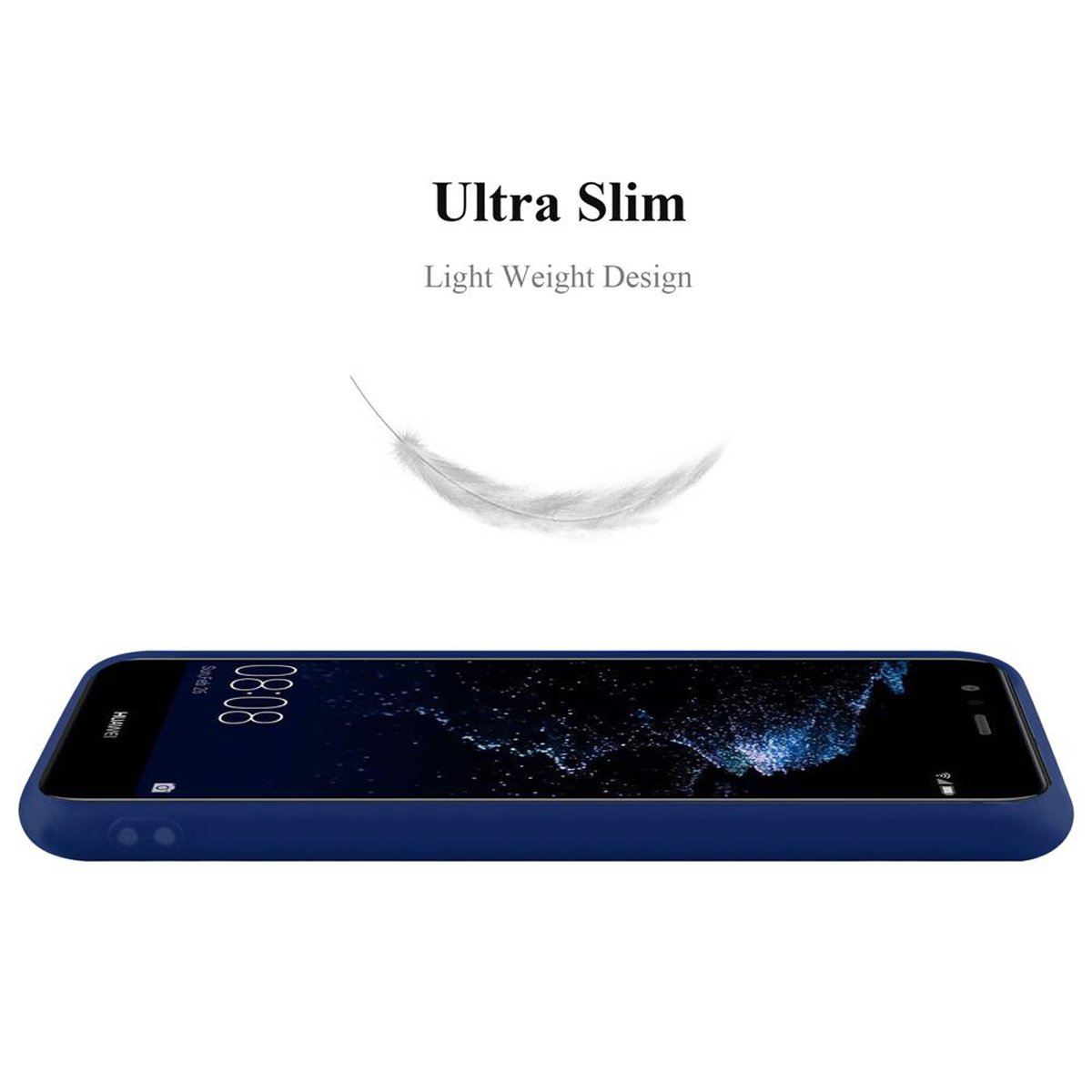 Custodia blu per telefono con testo 'Ultra Slim' e grafica a piuma, con bordo del telefono.