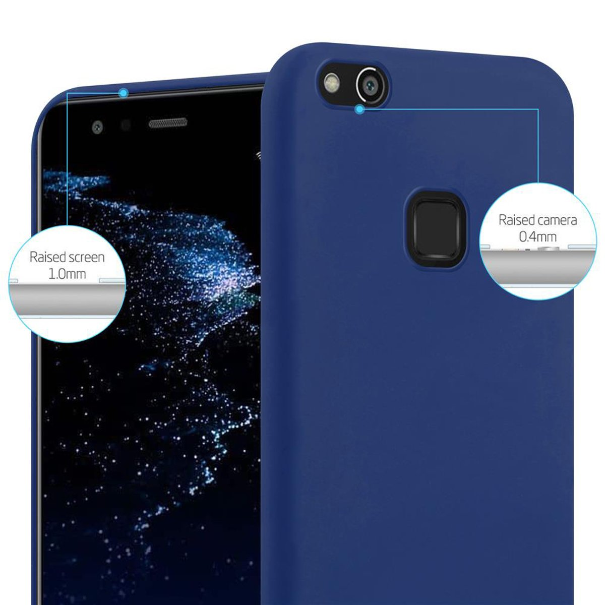 Un telefono in una custodia blu, con dettagli dello schermo e della fotocamera evidenziati.