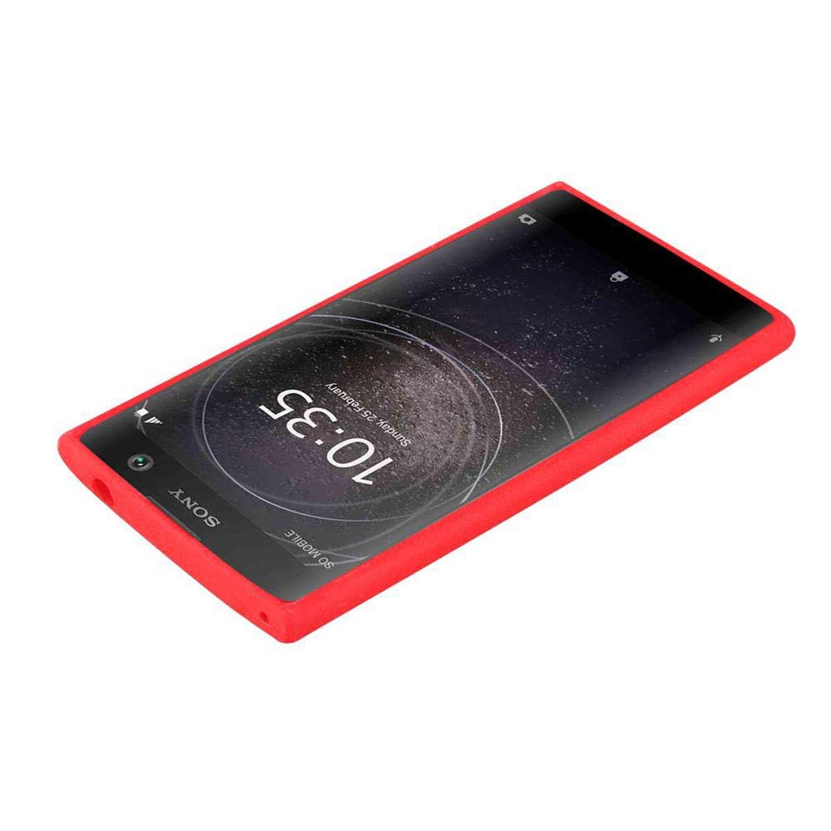 Una funda de teléfono roja está sobre la superficie. La pantalla del teléfono muestra la hora.