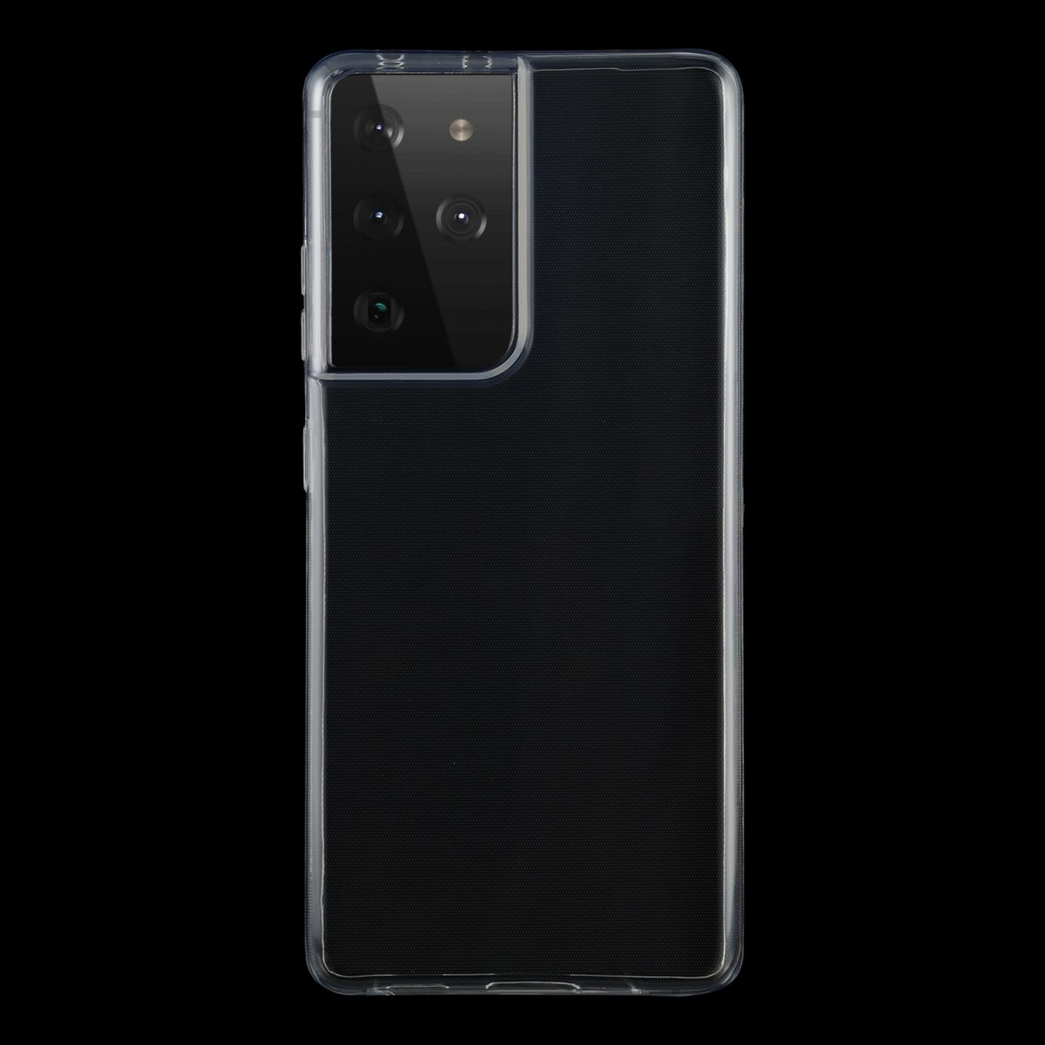 Eine schwarze Handyhülle mit Kamera und schwarzem Hintergrund. Die Hülle ist transparent.