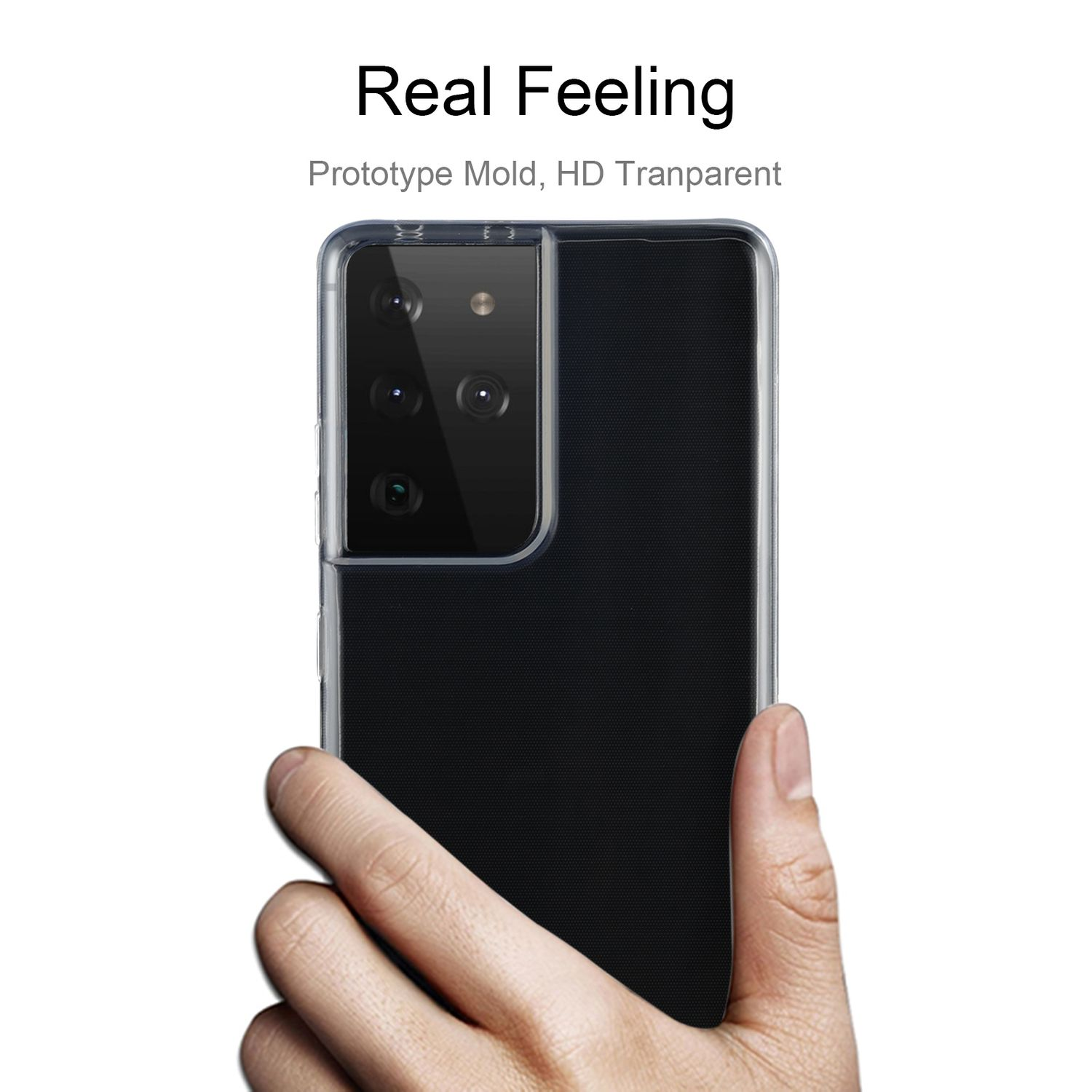 Eine Hand hält ein Telefon in einer transparenten Hülle. Der Text lautet 'Real Feeling'.