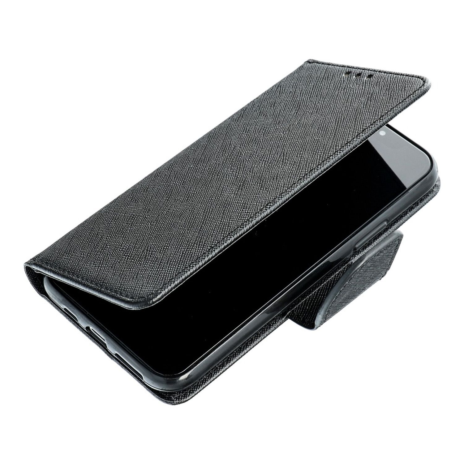 Schwarze Handyhülle offen mit Telefon darin. Das Telefon hat einen schwarzen Bildschirm, ist geneigt und auf weißem Hintergrund.