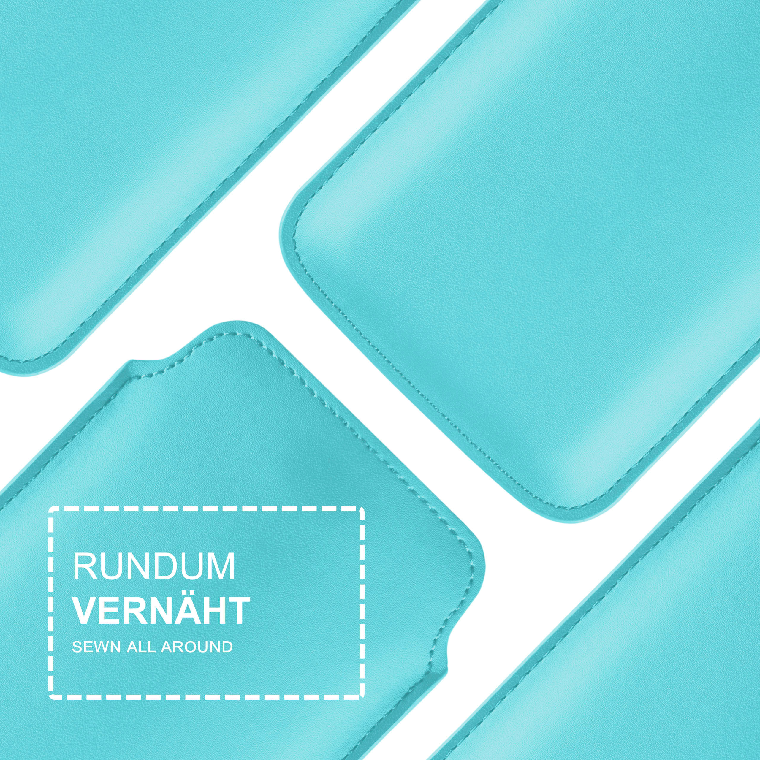Nahaufnahme hellblauer Handyhüllen-Teile mit genähten Kanten, Text: RUNDUM VERNÄHT.