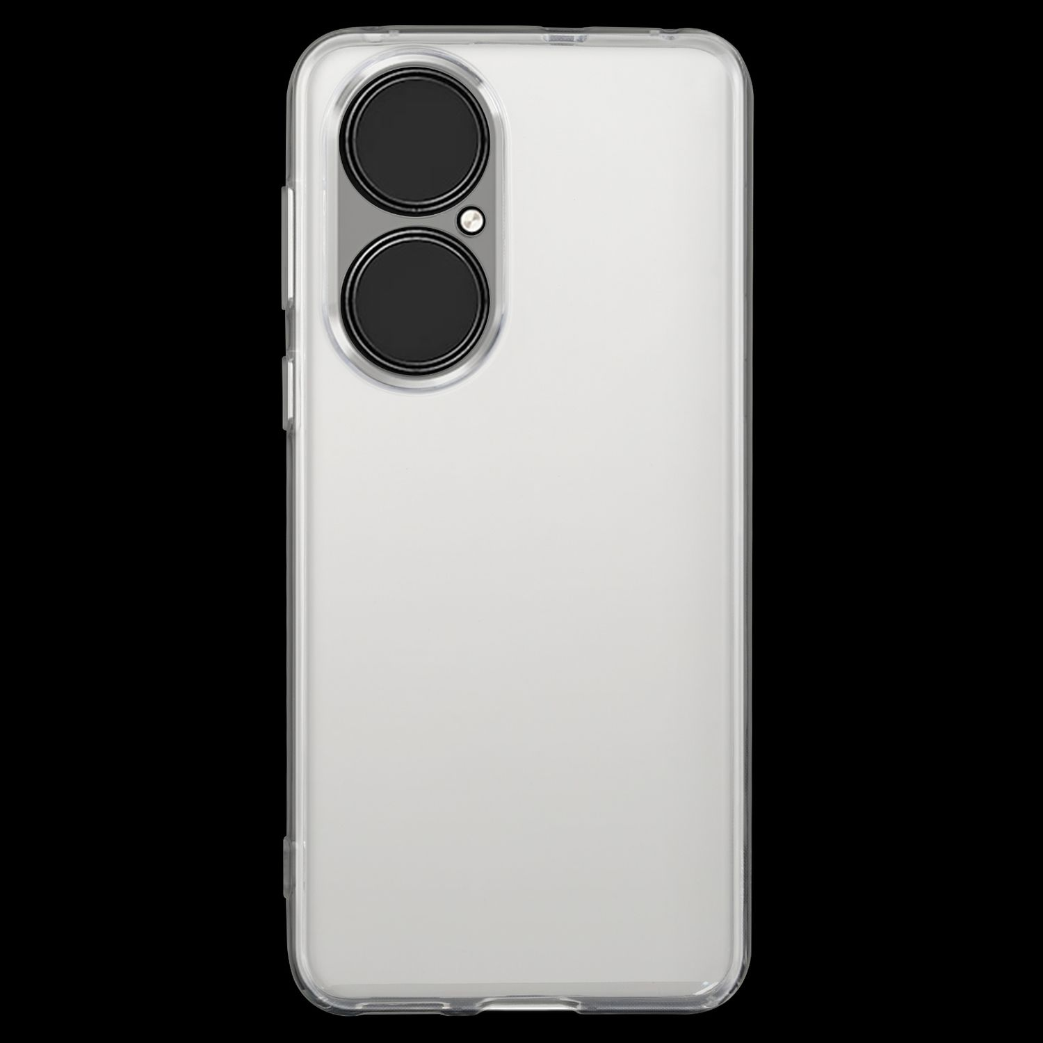 Ein Telefon mit klarer Rückseite. Die Rückseite hat zwei Kameralinsen und einen Blitz.