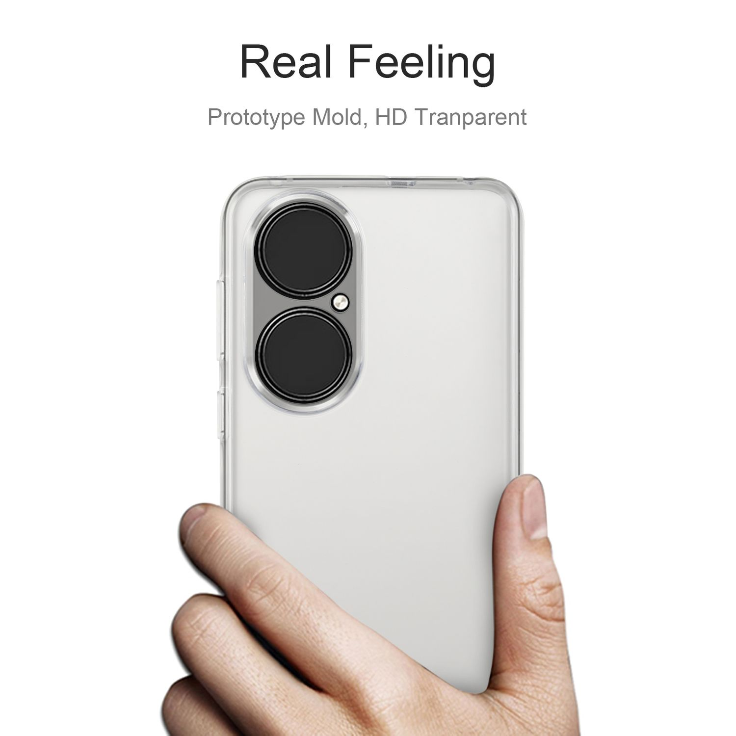 Eine Hand hält eine transparente Handyhülle mit Kamera sichtbar.