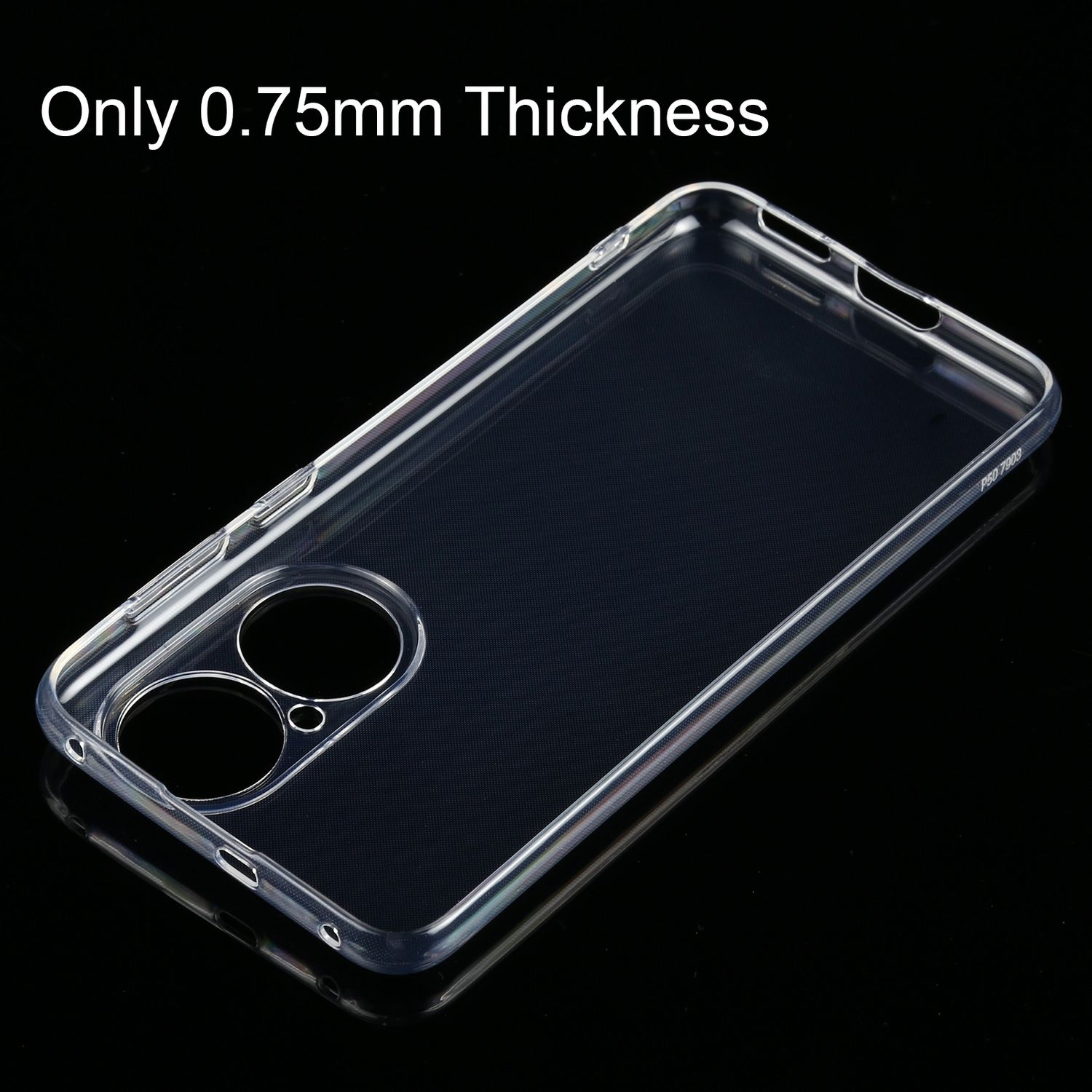 Transparente Handyhülle, 0,75 mm dick, auf schwarzer Oberfläche. Reflektierende Oberfläche.