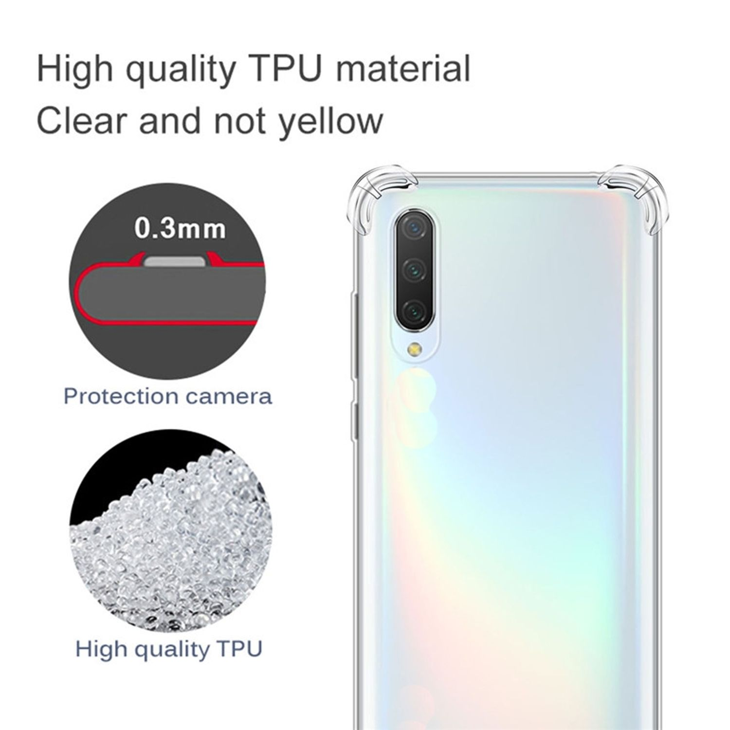 Transparente Handyhülle auf einem weißen Telefon. Die Hülle hat Eckschutz.