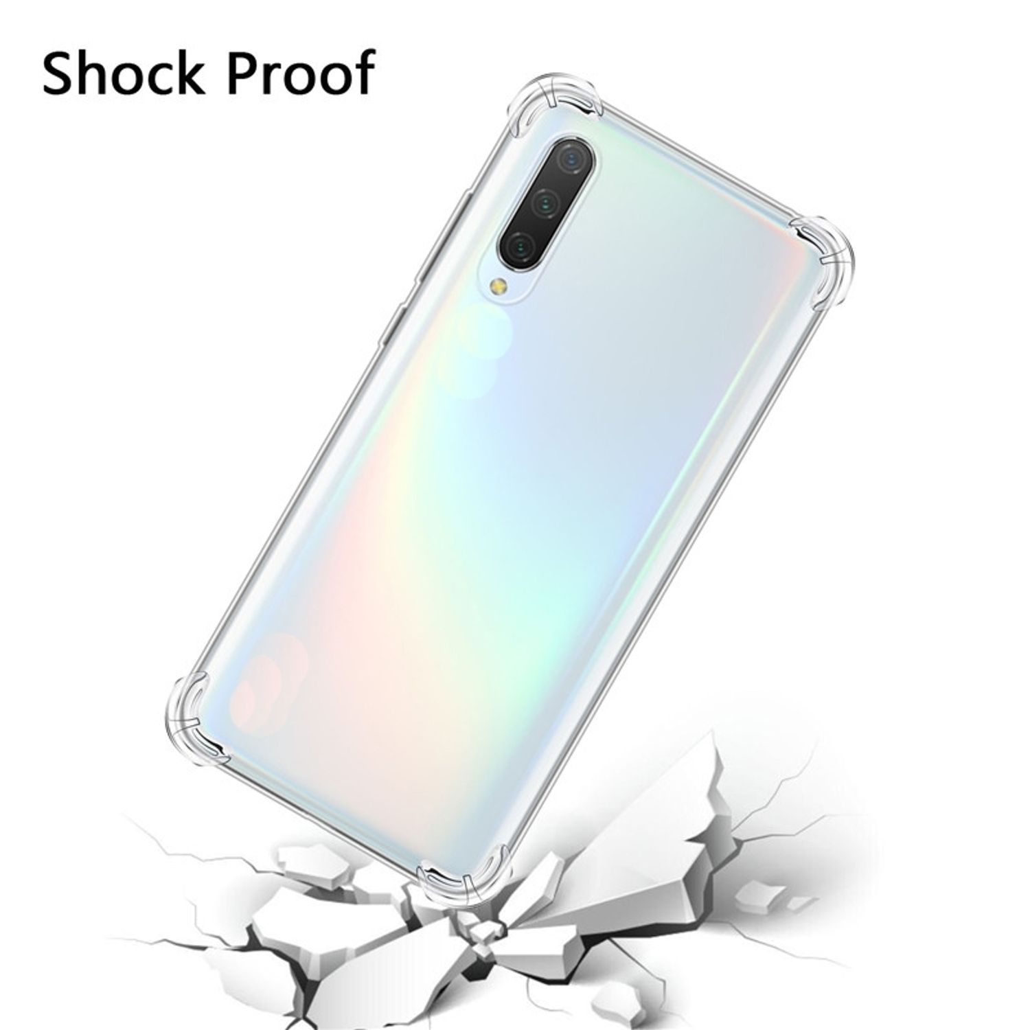 Transparente Handyhülle schützt weißes Telefon, darüber steht 'Shock Proof'.