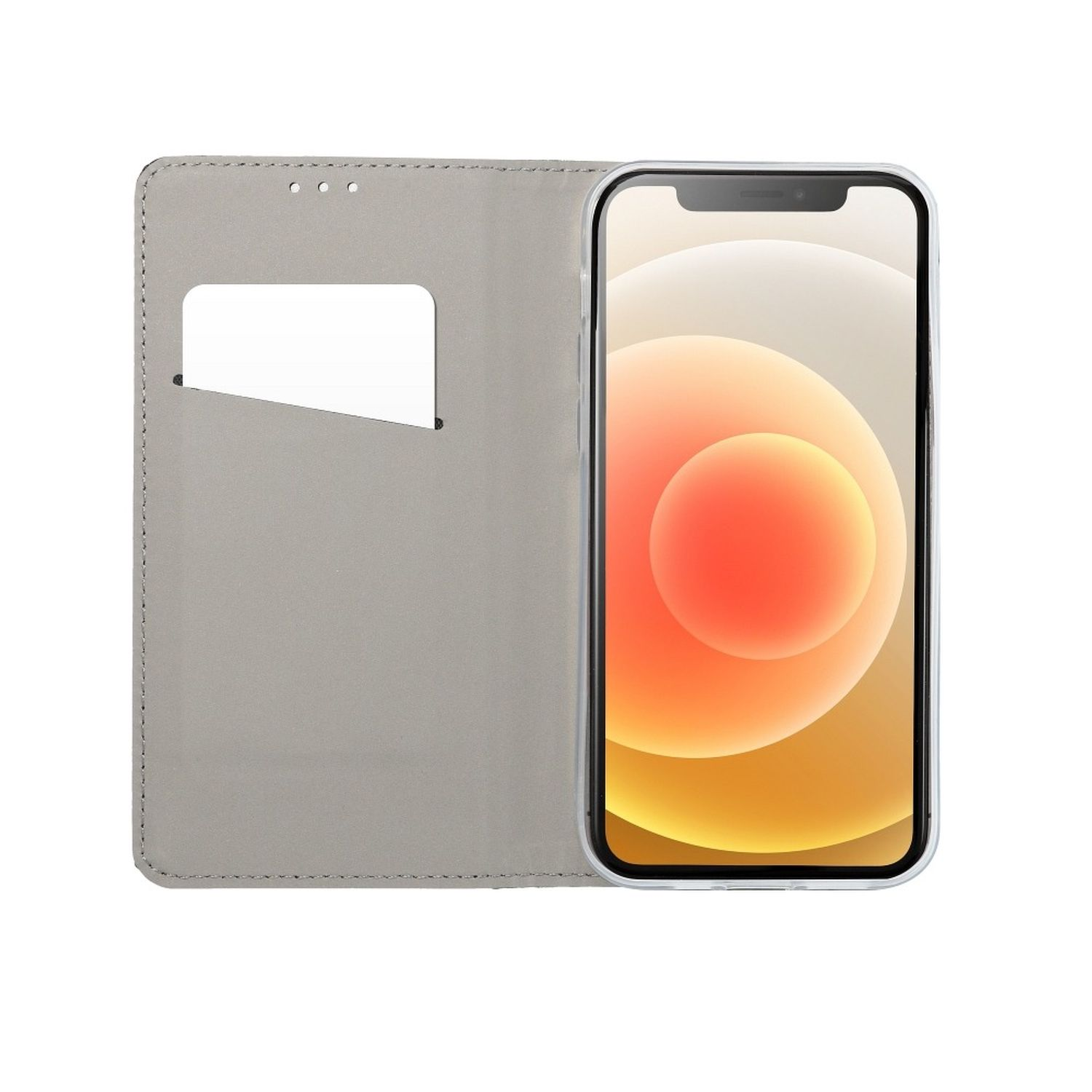 Eine offene Handyhülle mit Telefon und Kartenfach.