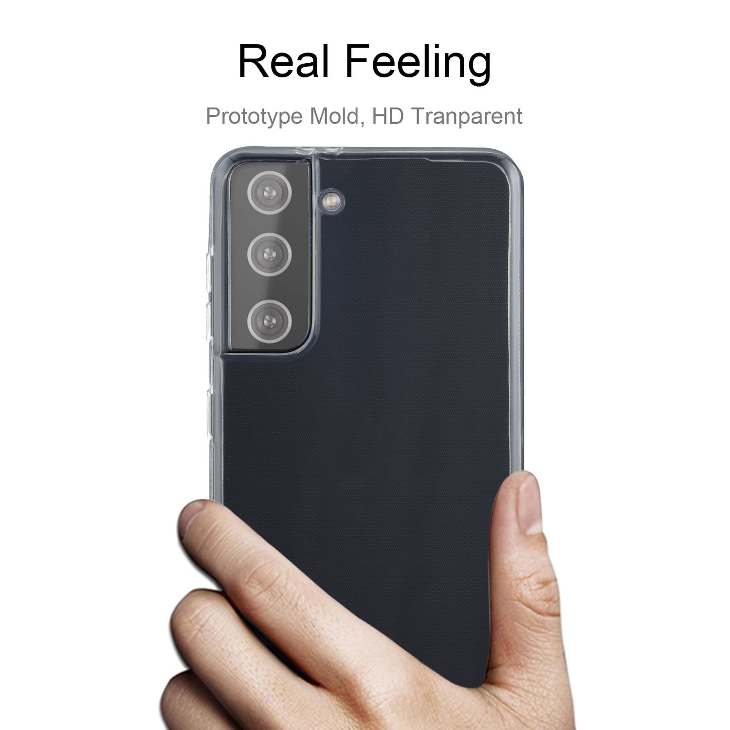 Eine Hand hält ein dunkles Telefon in einer transparenten Hülle. Das Telefon hat eine schwarze Rückseite.