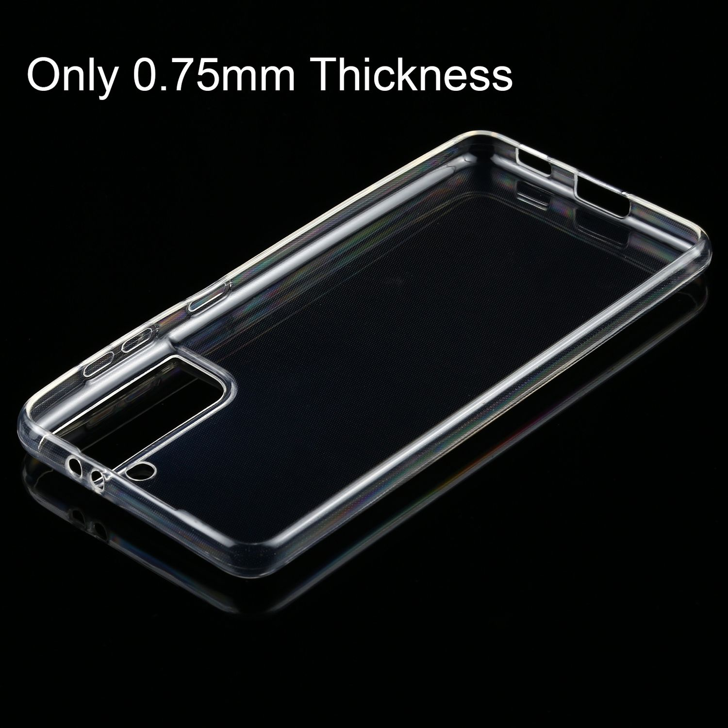 Eine transparente Handyhülle mit einem schwarzen Telefon, das das Design des Telefons zeigt.
