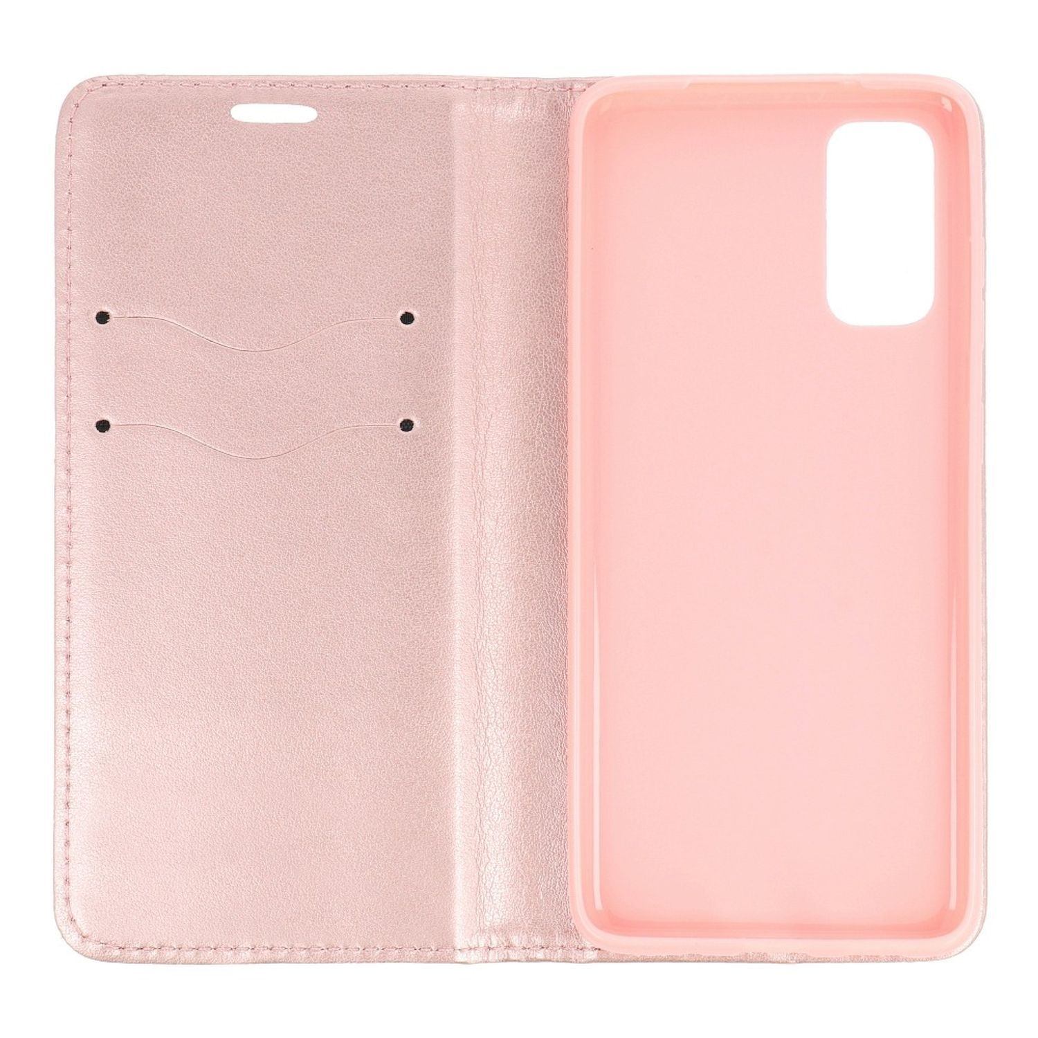 Offene rosa Handyhülle mit rosa Handyhalterung rechts und Kartenfächern links.