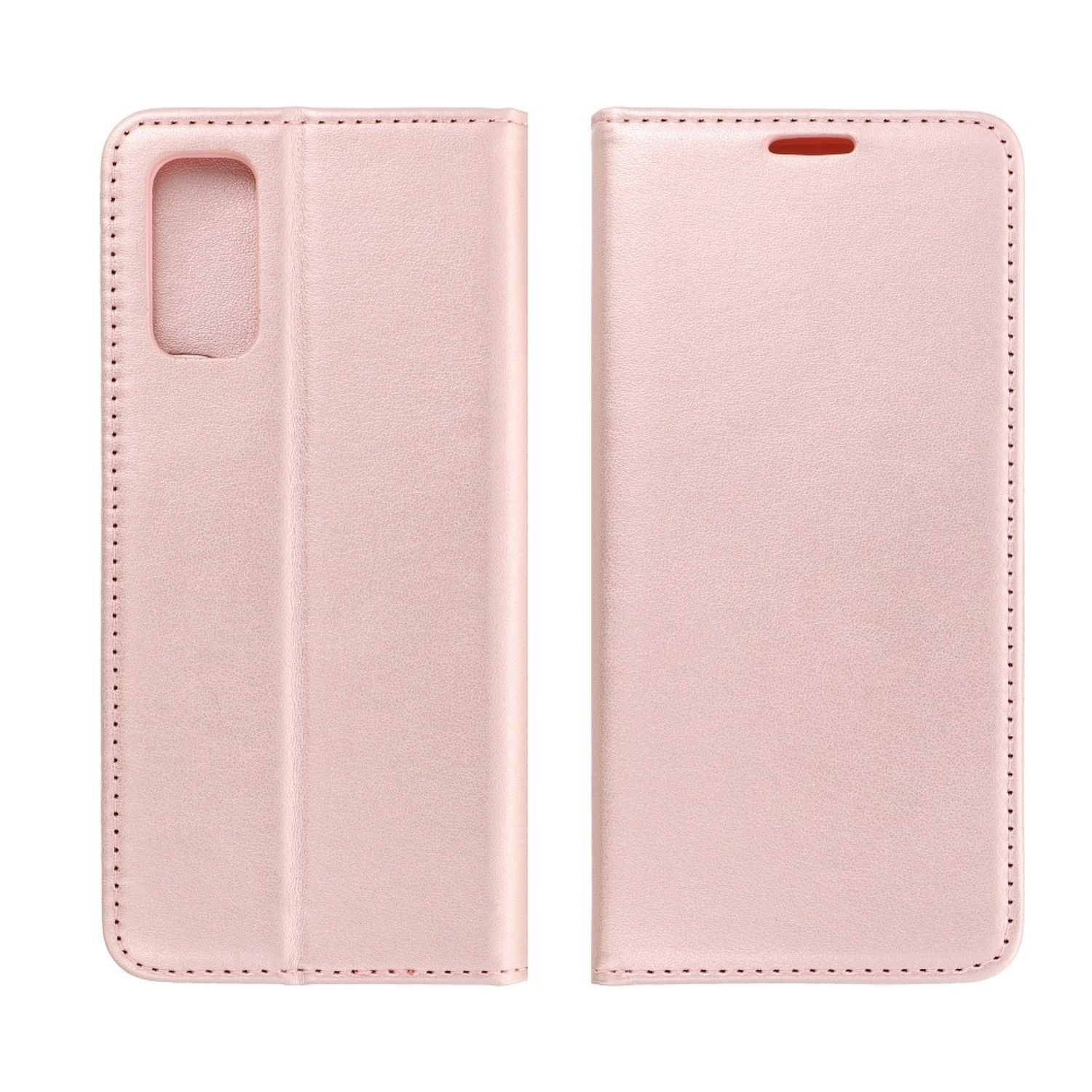 Rosa Handyhülle, geöffnet um ein Handy zu zeigen. Die Handyhülle hat ein Kamera Loch und Nähte.