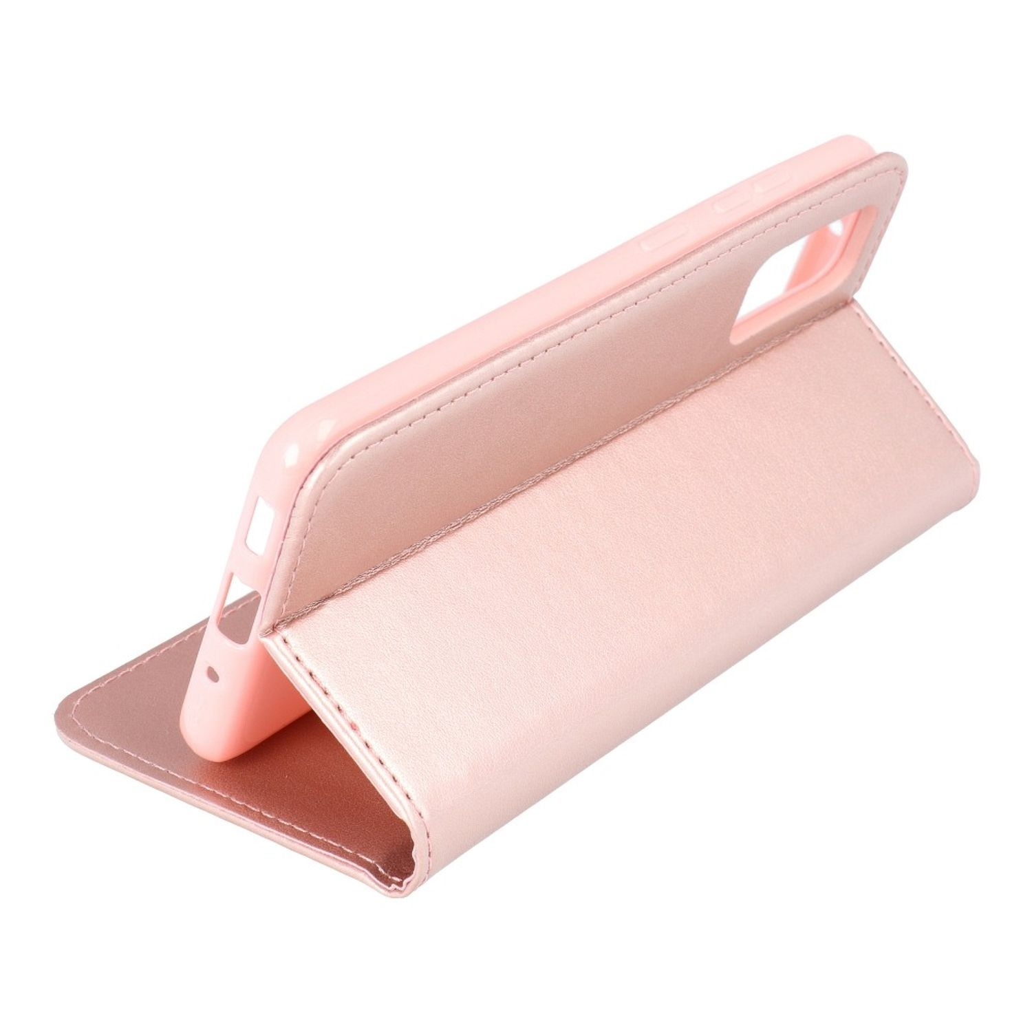 Eine rosa Handyhülle ist geöffnet und zeigt die Innenseite und das darin enthaltene Telefon.