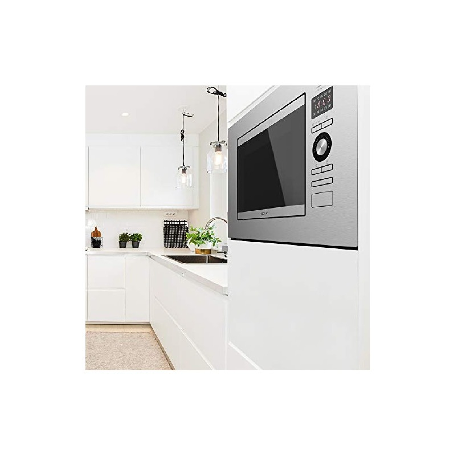 Nowoczesna kuchnia z białymi szafkami i wbudowaną kuchenką mikrofalową.