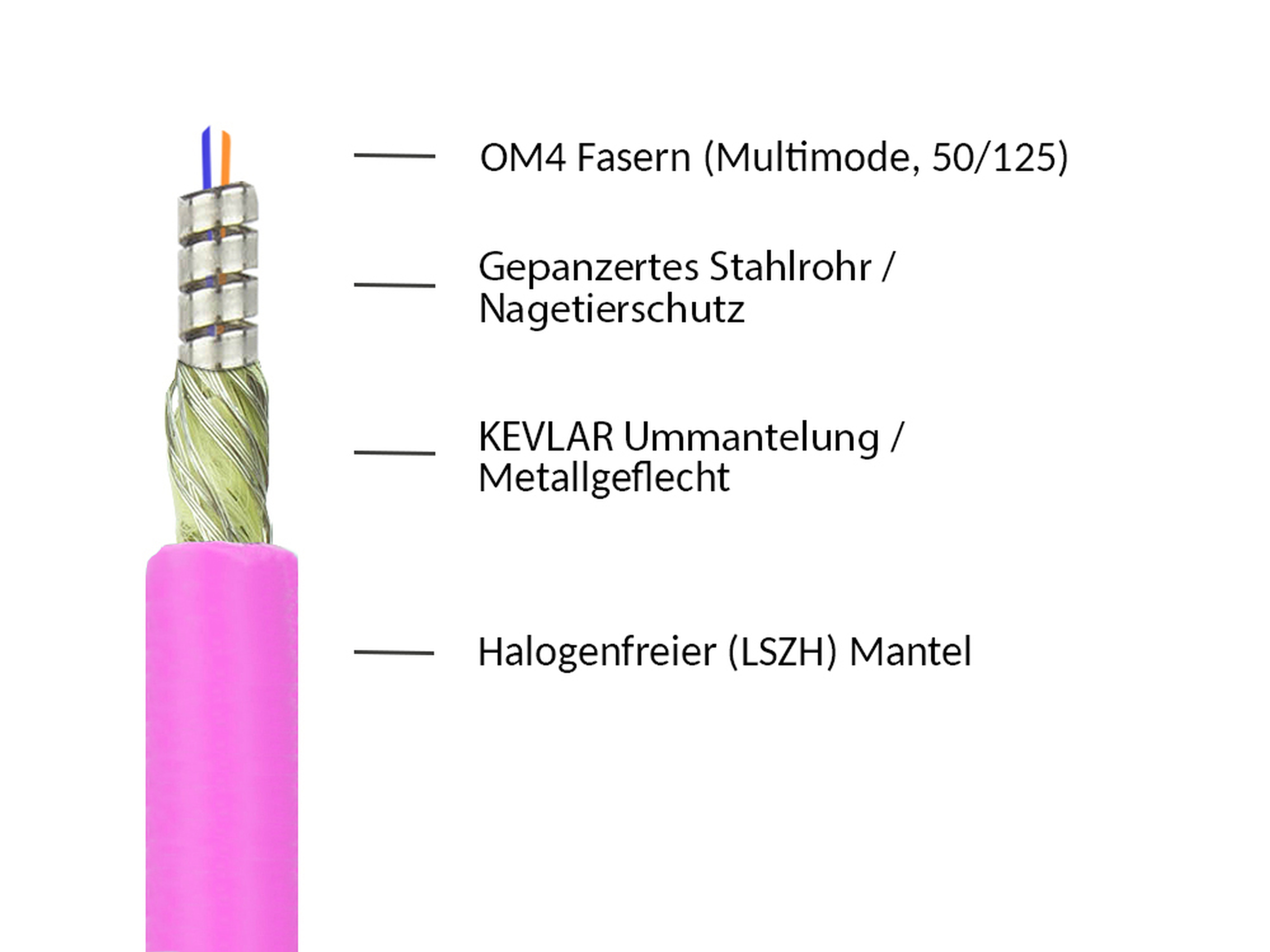 Querschnitt eines Glasfaserkabels zeigt Schichten: Kern, Stahl, Kevlar und pinkfarbene Außenhülle.