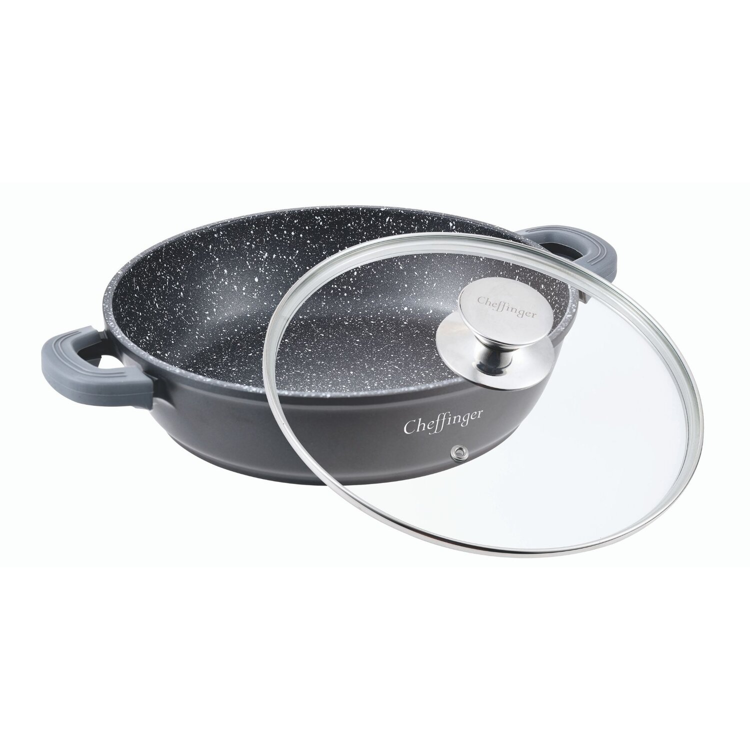 Grauer Kochtopf mit Glasdeckel. Der Topf hat graue Griffe und ein gesprenkeltes Design.