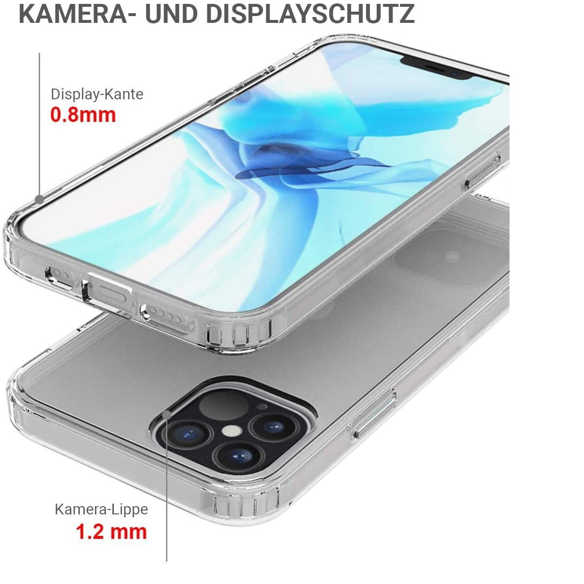 Nahaufnahme einer transparenten Handyhülle mit Maßangaben. Hülle über einem Telefon.