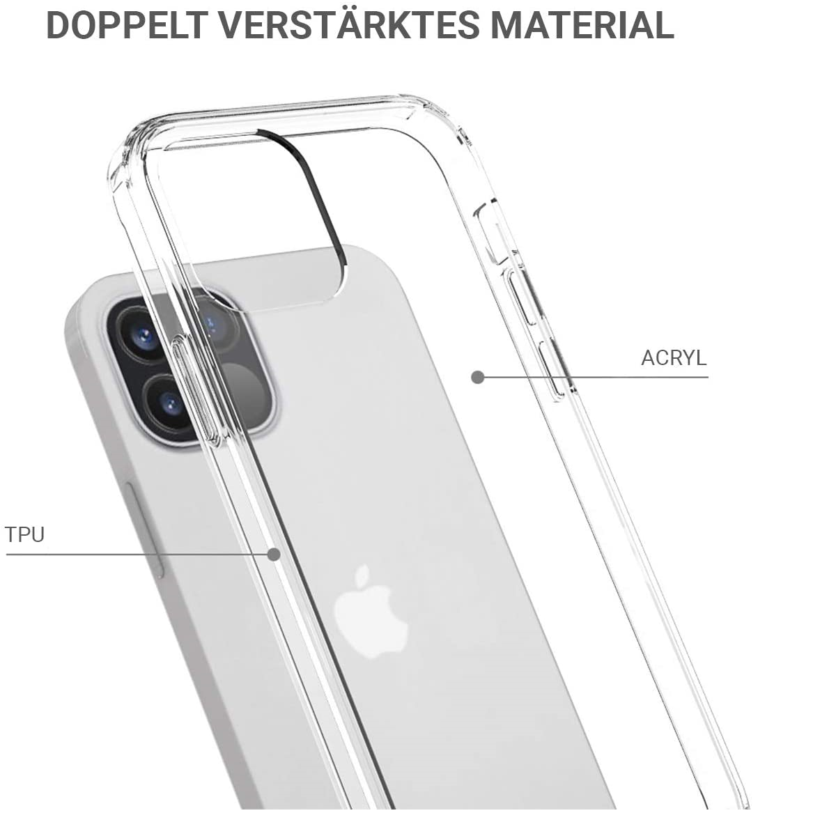 Eine transparente Handyhülle um ein Telefon, die Materialien und die Rückseite des Telefons zeigt.