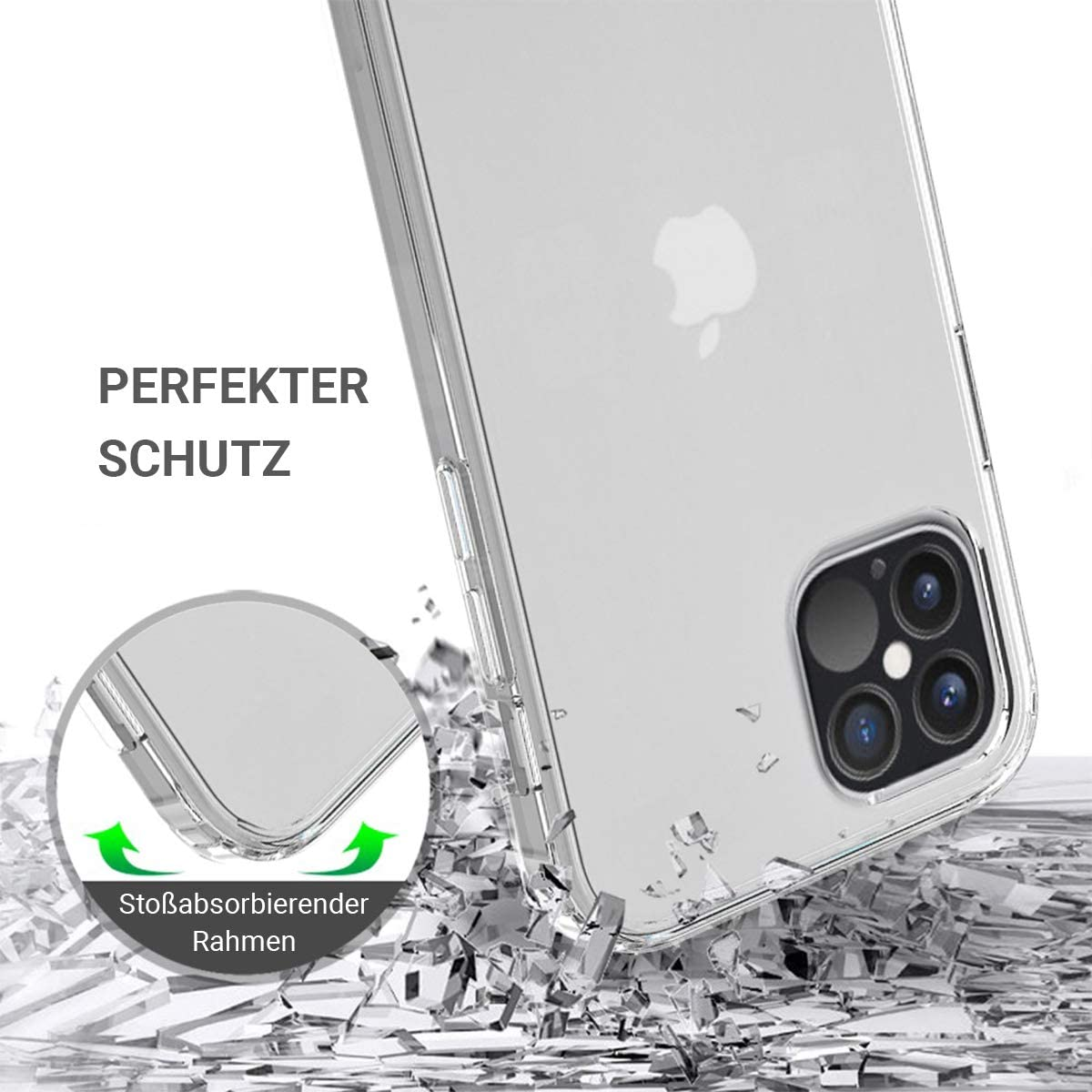 Handyhülle mit Schutzrahmen, Telefon in Stücke zerbrochen gezeigt.