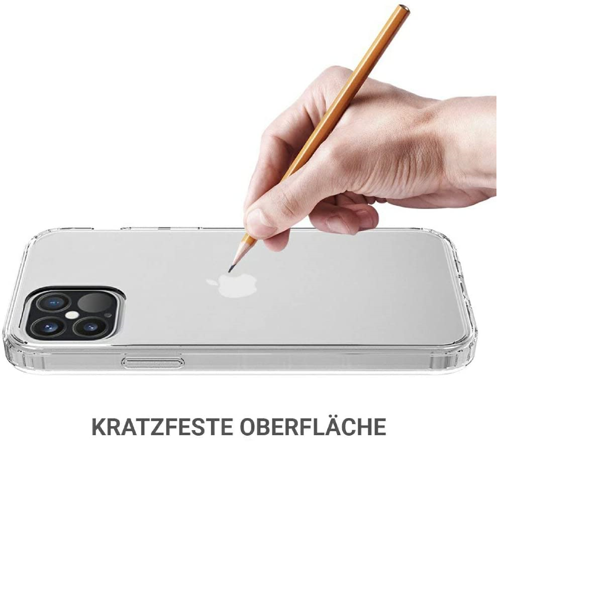 Ein Telefon in einer transparenten Hülle, das mit einem Bleistift markiert wird. Text: Kratzfeste Oberfläche.