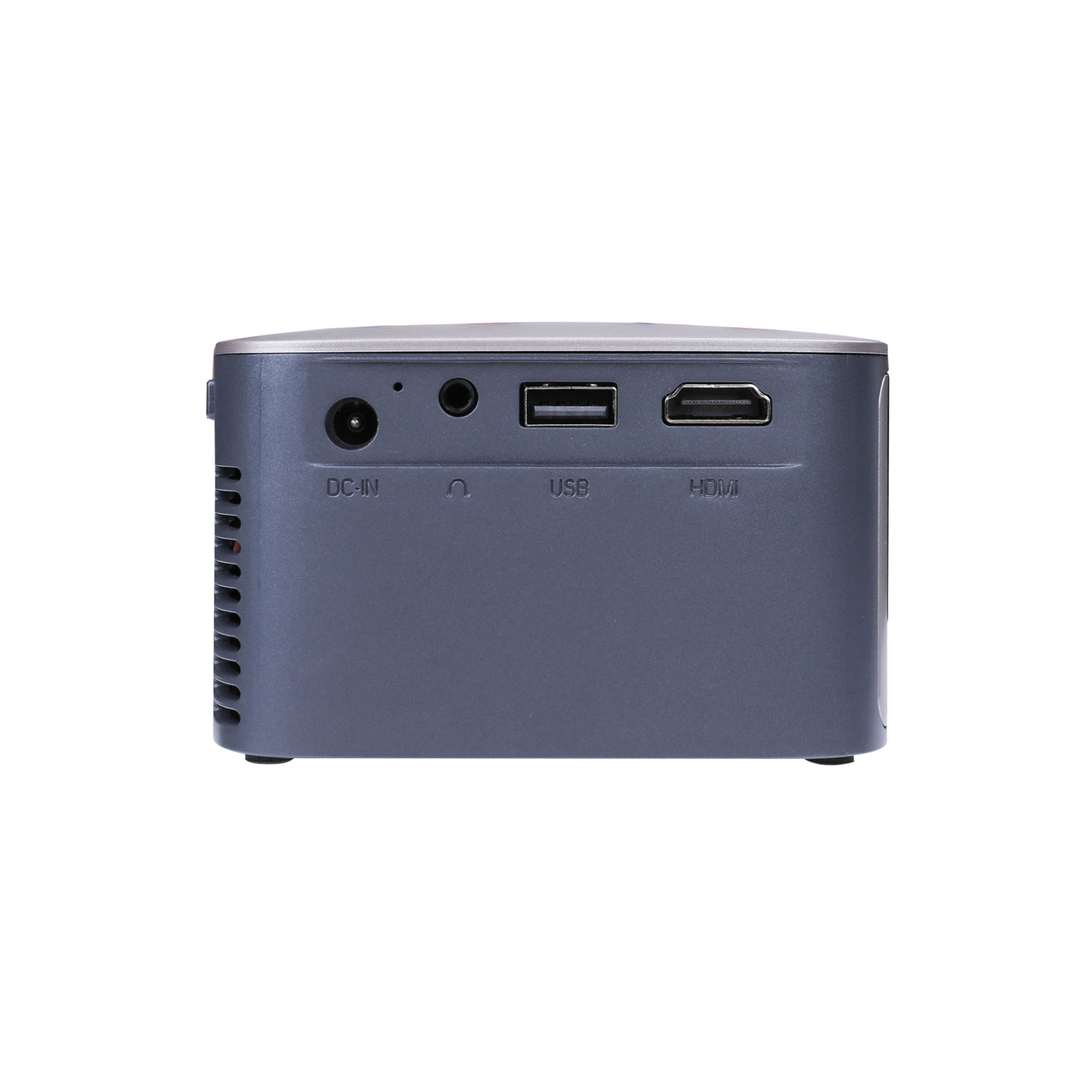 Un petit appareil gris avec ports: DC-IN, audio, USB et HDMI.