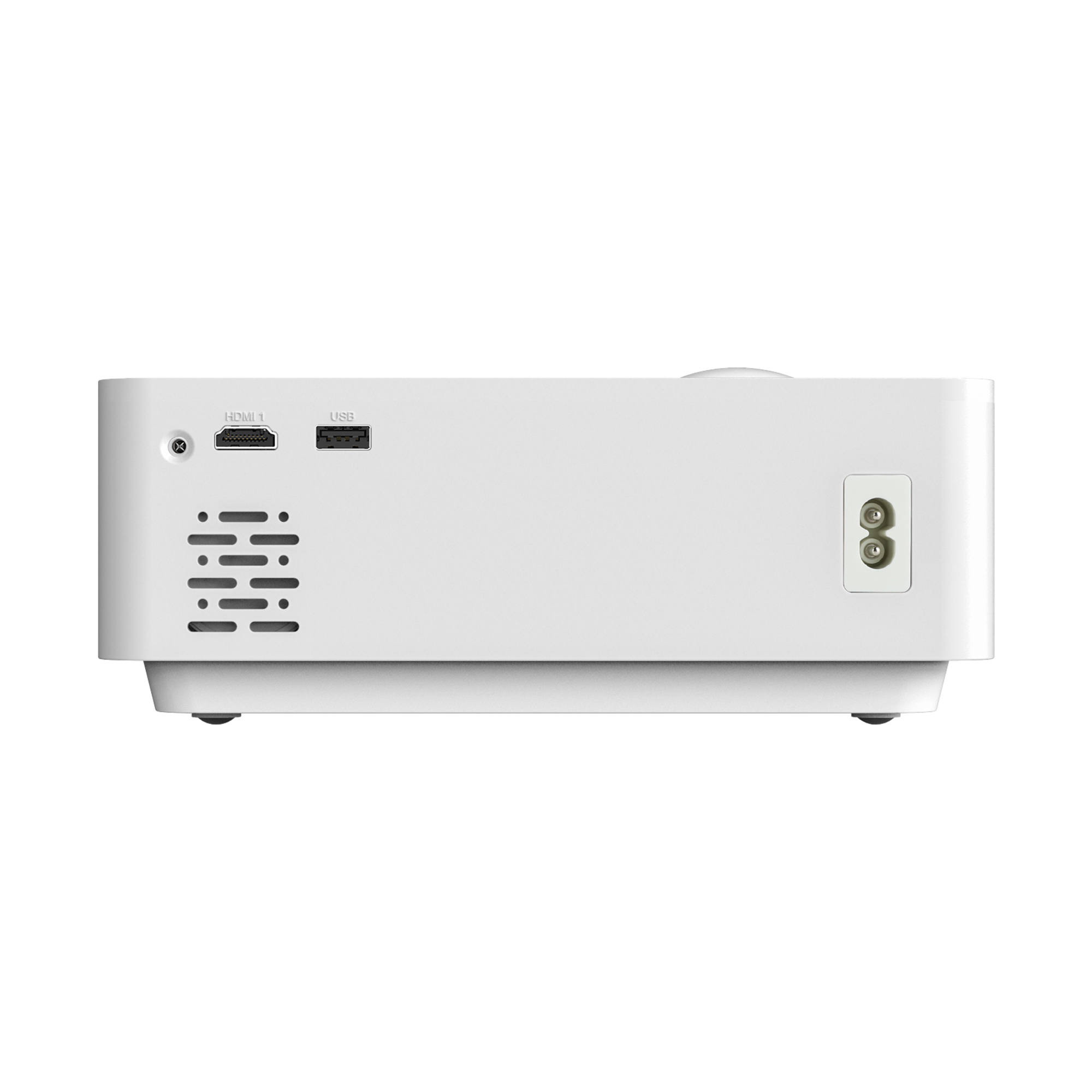 Weiße Projektorrückseite mit HDMI-, USB-Anschlüssen und Stromanschluss. Schwarze Füße.