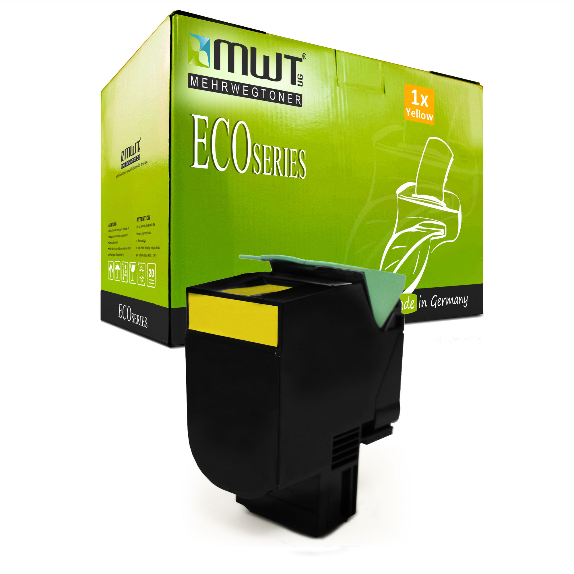 Gelbe Druckerpatrone in einer grün-weißen Schachtel mit ECO SERIES-Text. Weißer Hintergrund.