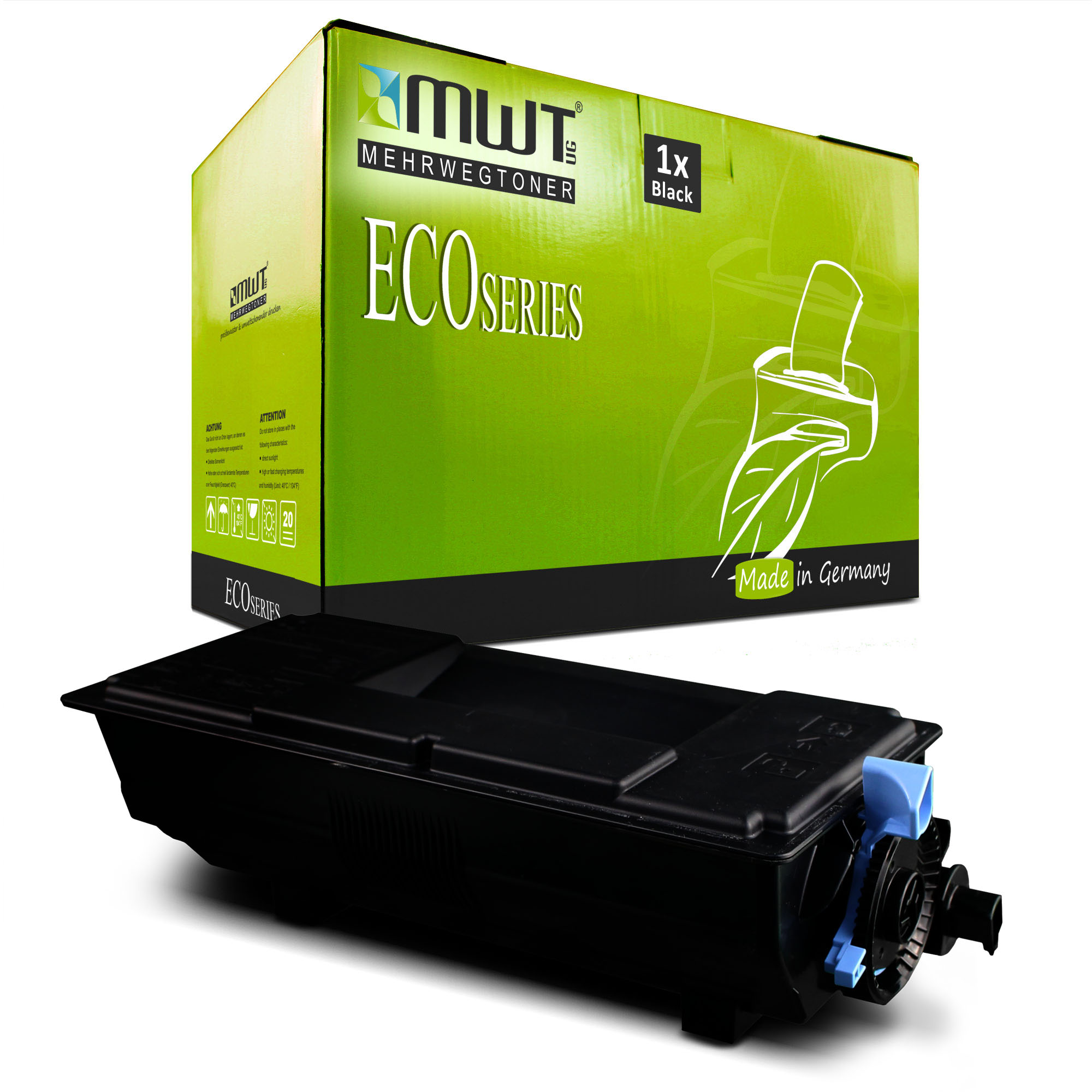Eine schwarze Tintenpatrone und eine grün-gelbe Schachtel. Schachtel sagt Eco Series und Made in Germany.