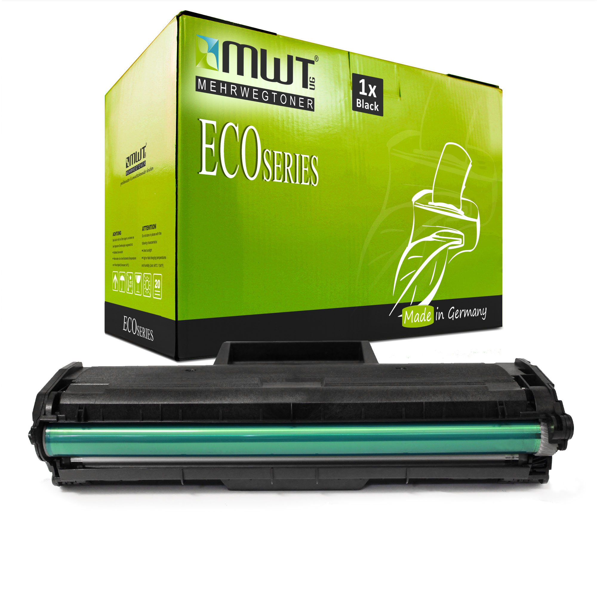 Grüne und schwarze Druckertonerbox mit einer schwarzen Tonerkartusche. Auf der Box steht 'ECO SERIES'.