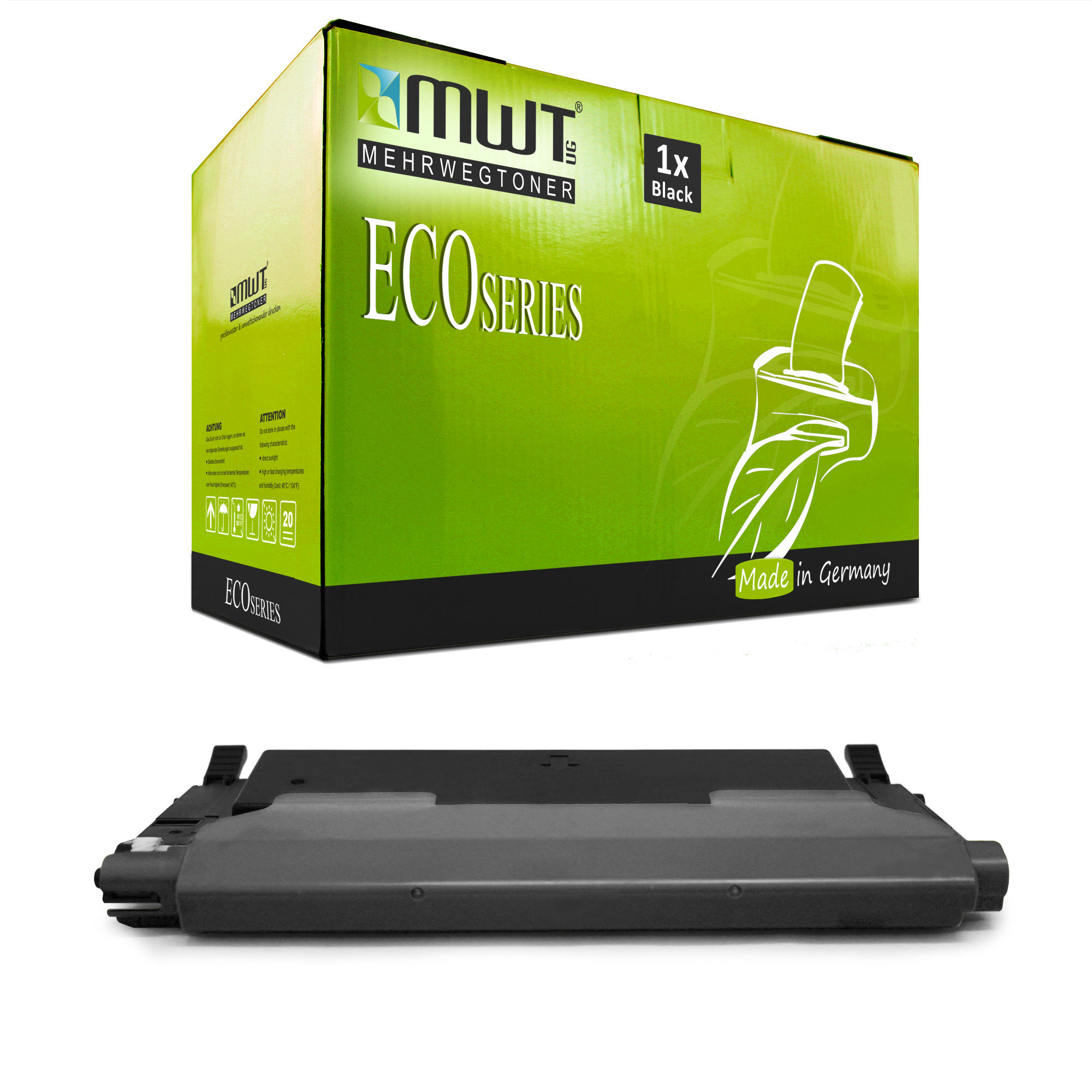 Grüne und weiße Box mit schwarzer Tonerkartusche. Auf der Box steht ECO Series und Made in Germany.