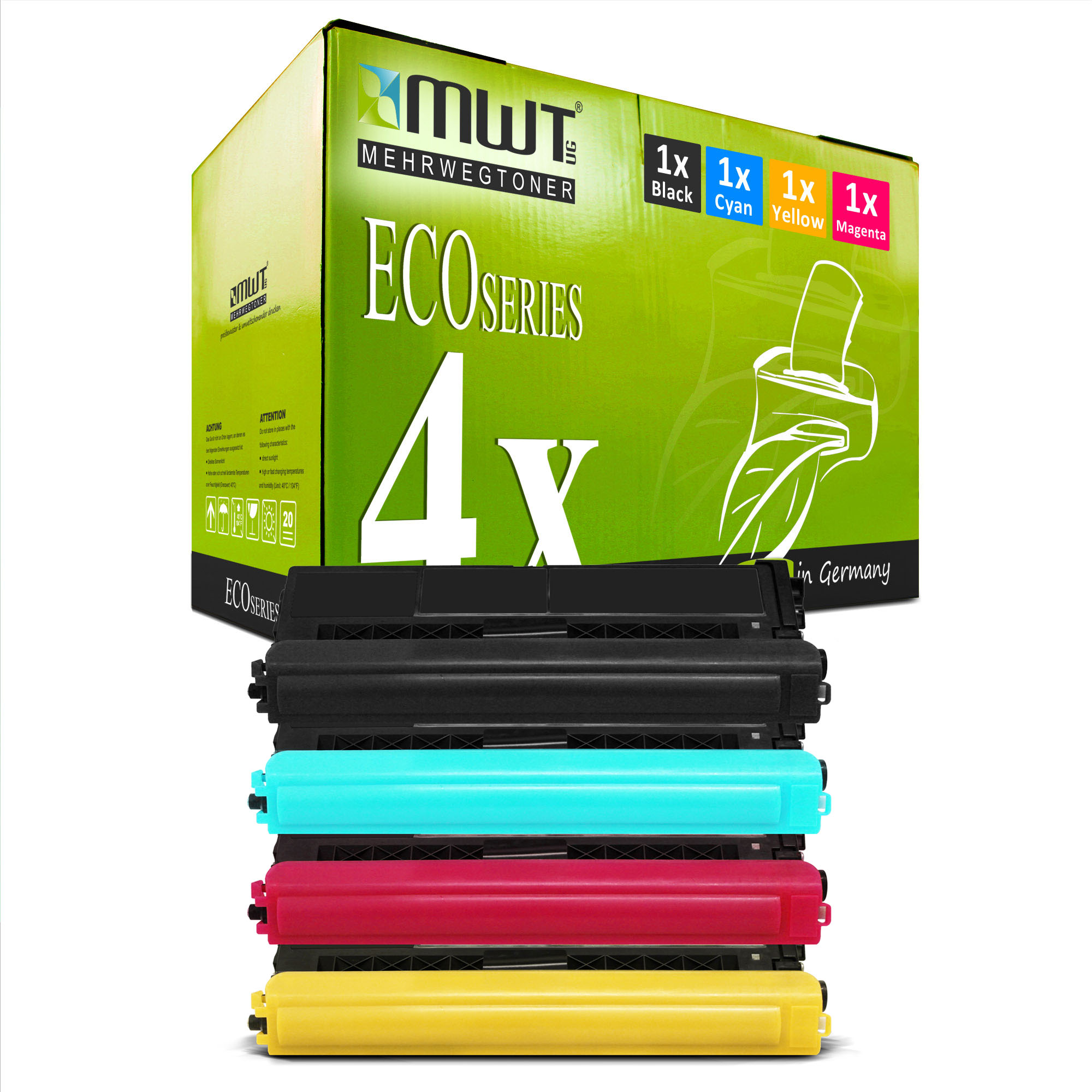 Vierfarbige Tonerkartuschen und ihre Box. Die Box sagt 'ECO SERIES' und '4x'.