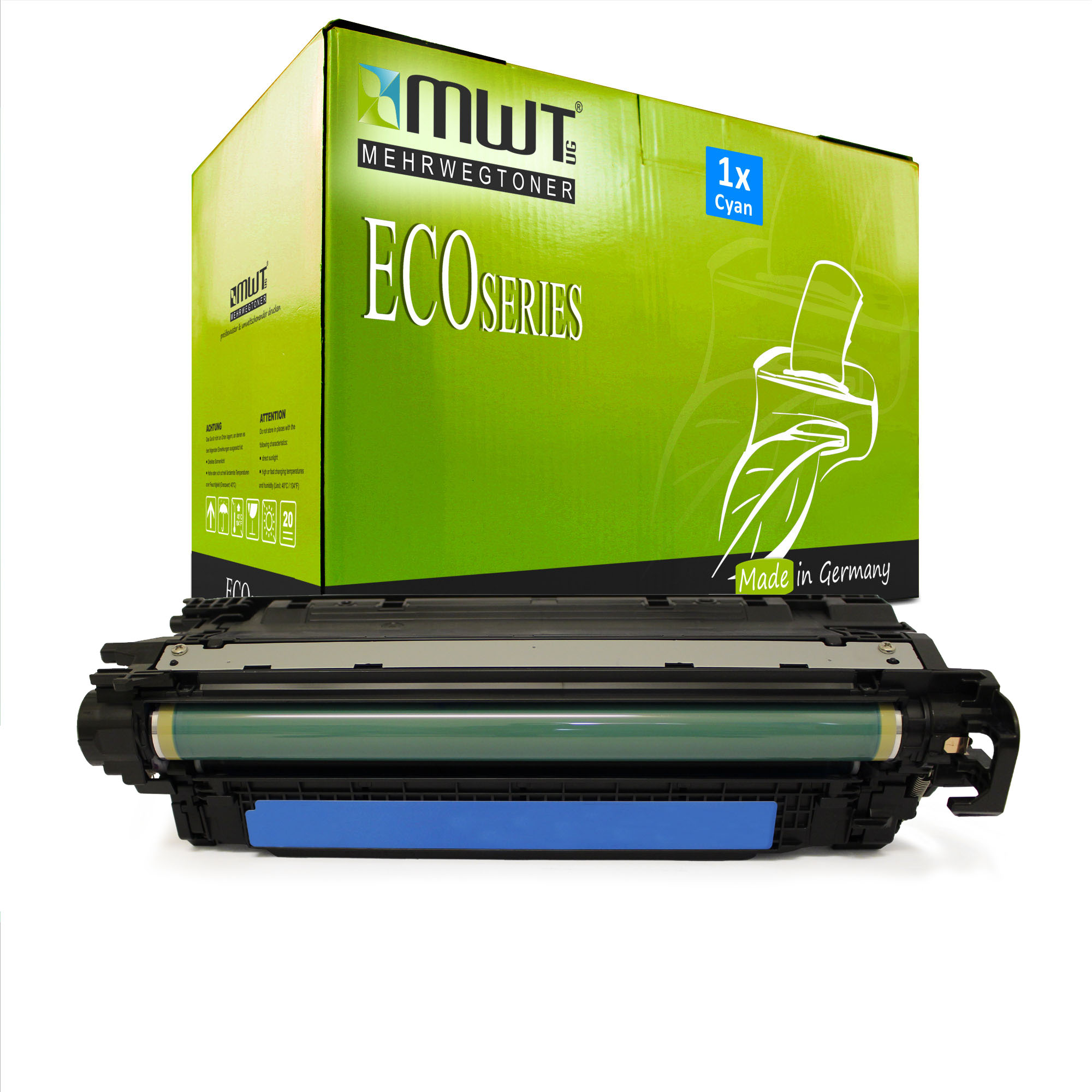 Eine grüne Box mit einer schwarzen Patrone. Auf der Box steht ECO SERIES und MADE IN GERMANY.