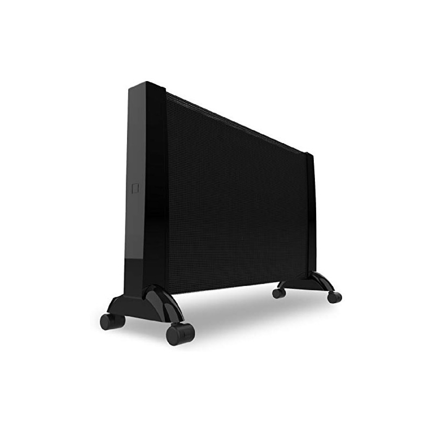 Czarny, błyszczący ekran LED na czarnym stojaku z kółkami, na białym tle.
