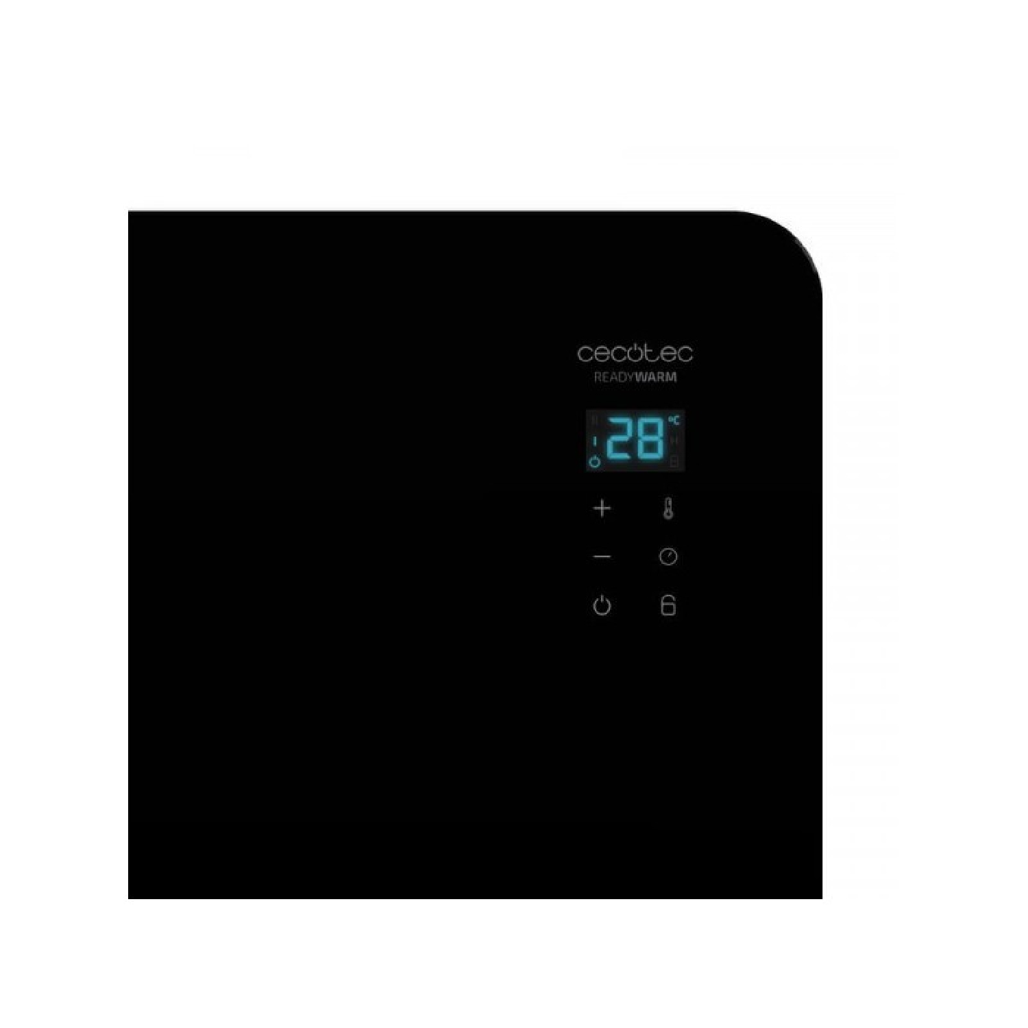 Czarny grzejnik elektryczny z cyfrowym wyświetlaczem temperatury i sterowania.