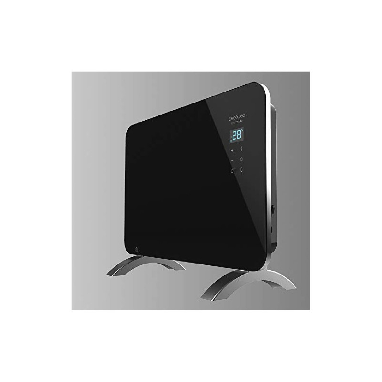 Czarny grzejnik elektryczny z wyświetlaczem cyfrowym. Jest na białym tle.