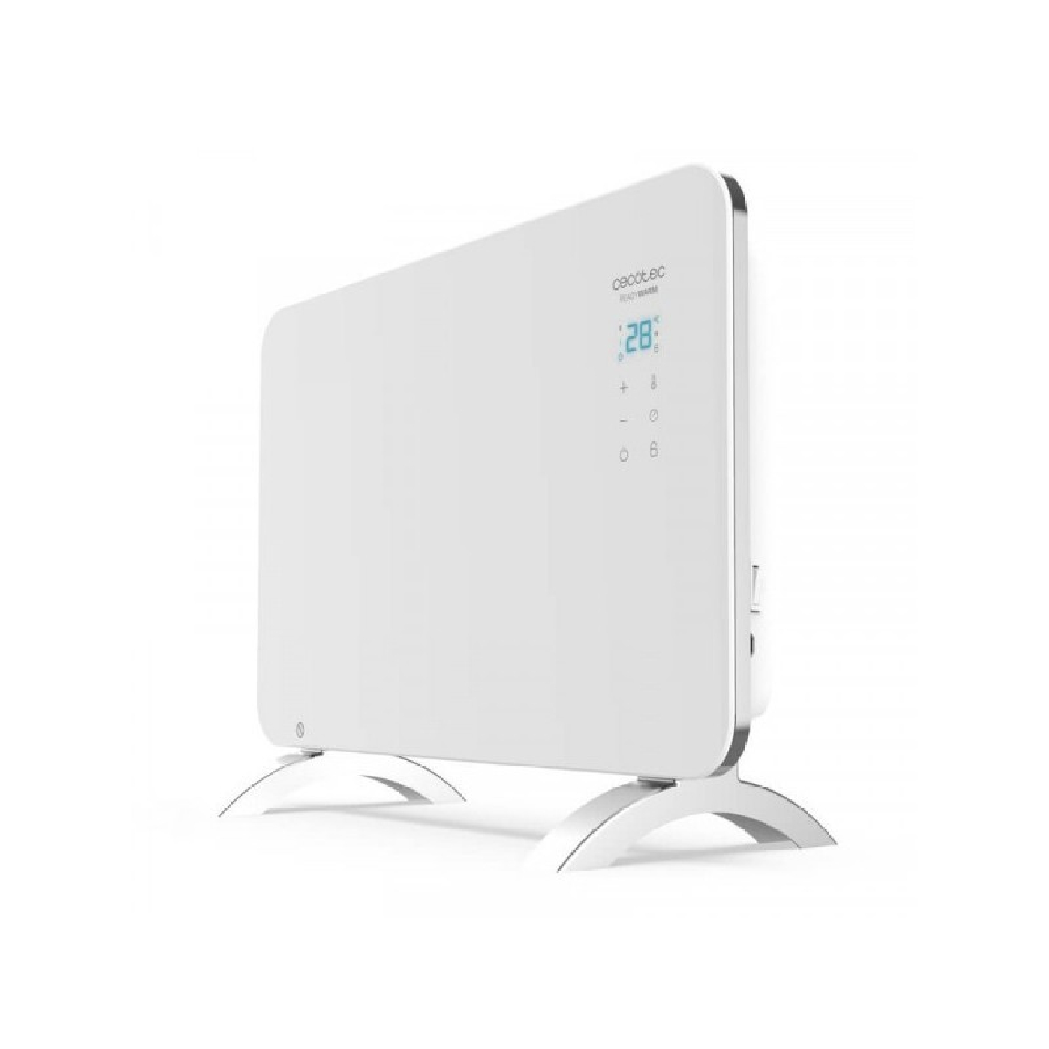 Biały grzejnik elektryczny. Jest na białej powierzchni i ma niebieski wyświetlacz. Białe tło.