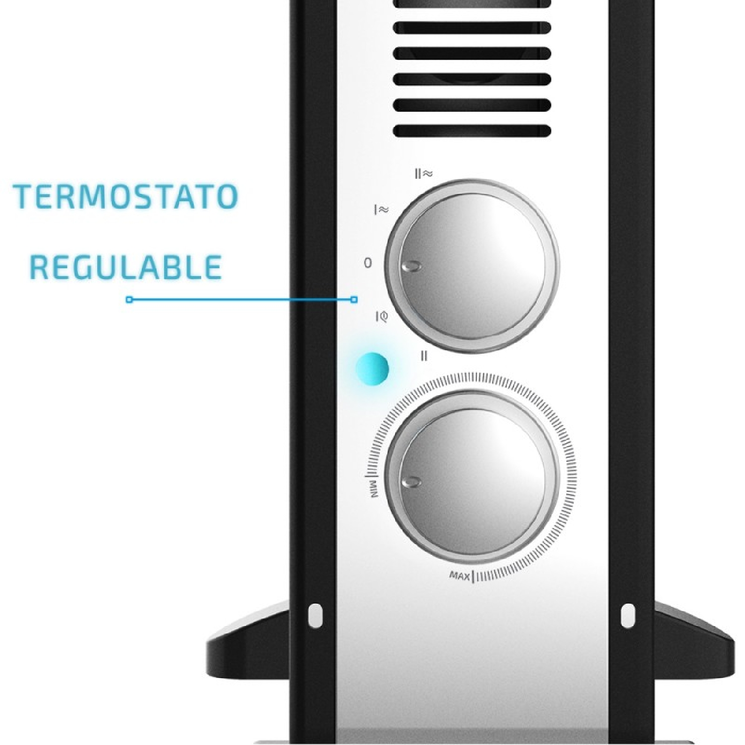 Primo piano del pannello di controllo di un riscaldatore con due manopole. Testo: 'Termostato regolabile'.