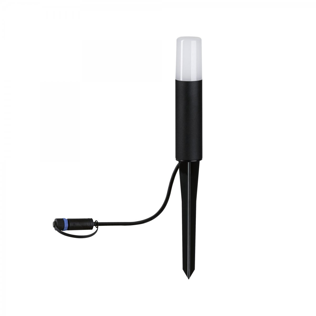 Czarna lampa ogrodowa z kołkiem do ziemi.