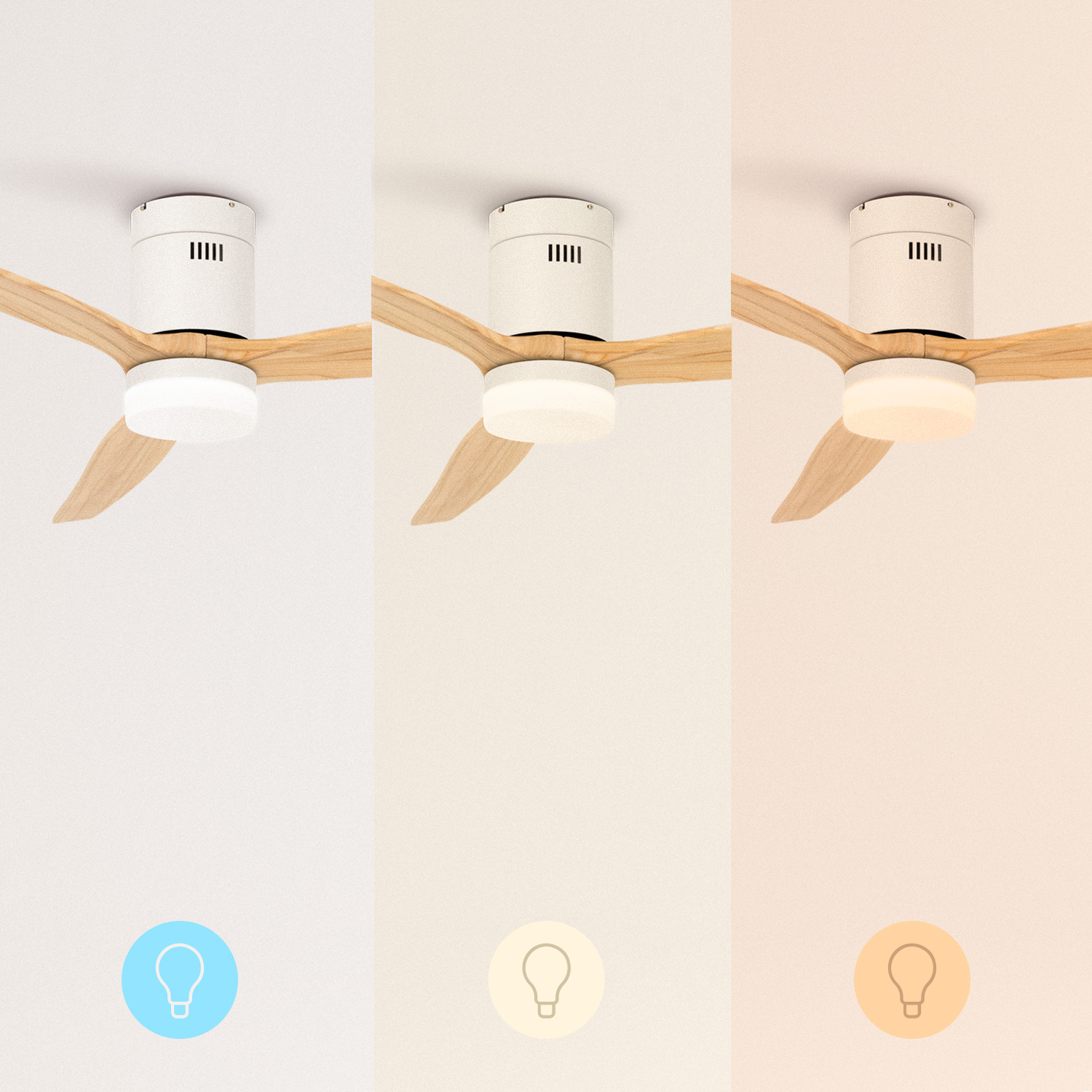 Ventilador de techo con tres ajustes de luz: blanco frío, blanco cálido y luz cálida.