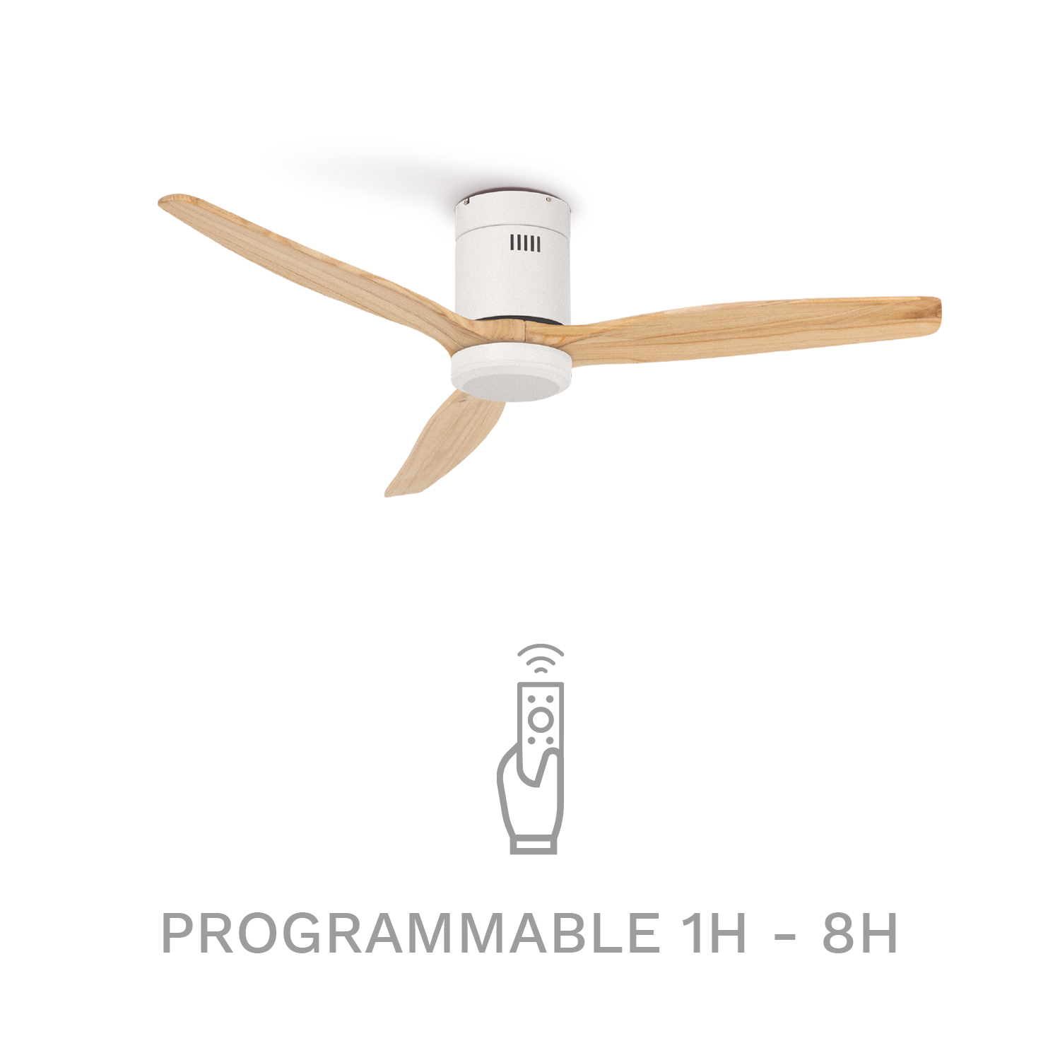 Ventilador de techo blanco con aspas de madera. Icono de control remoto y texto: Programable 1H-8H.
