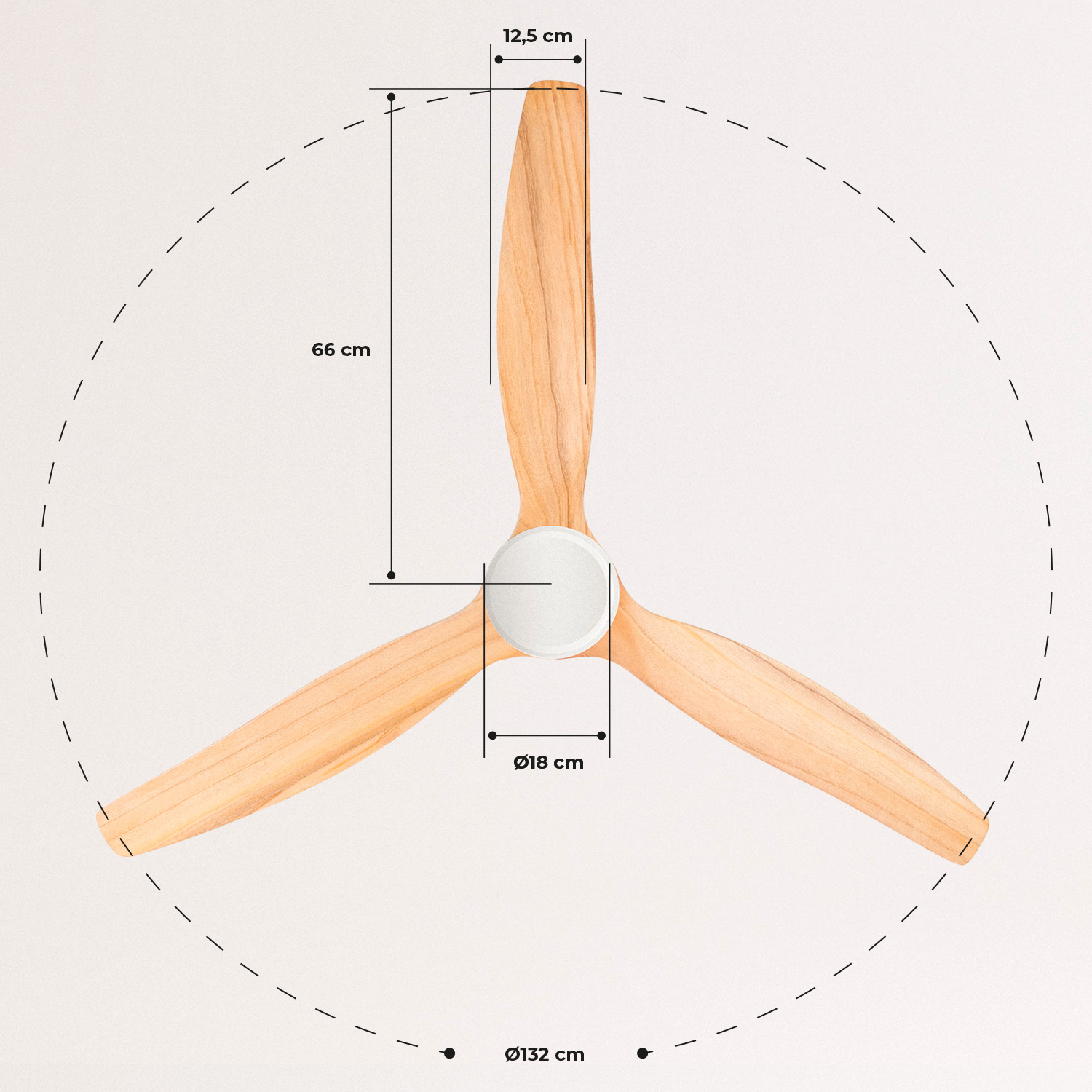 Diagrama de un ventilador de techo desde arriba, mostrando medidas de aspas y el diámetro del ventilador.