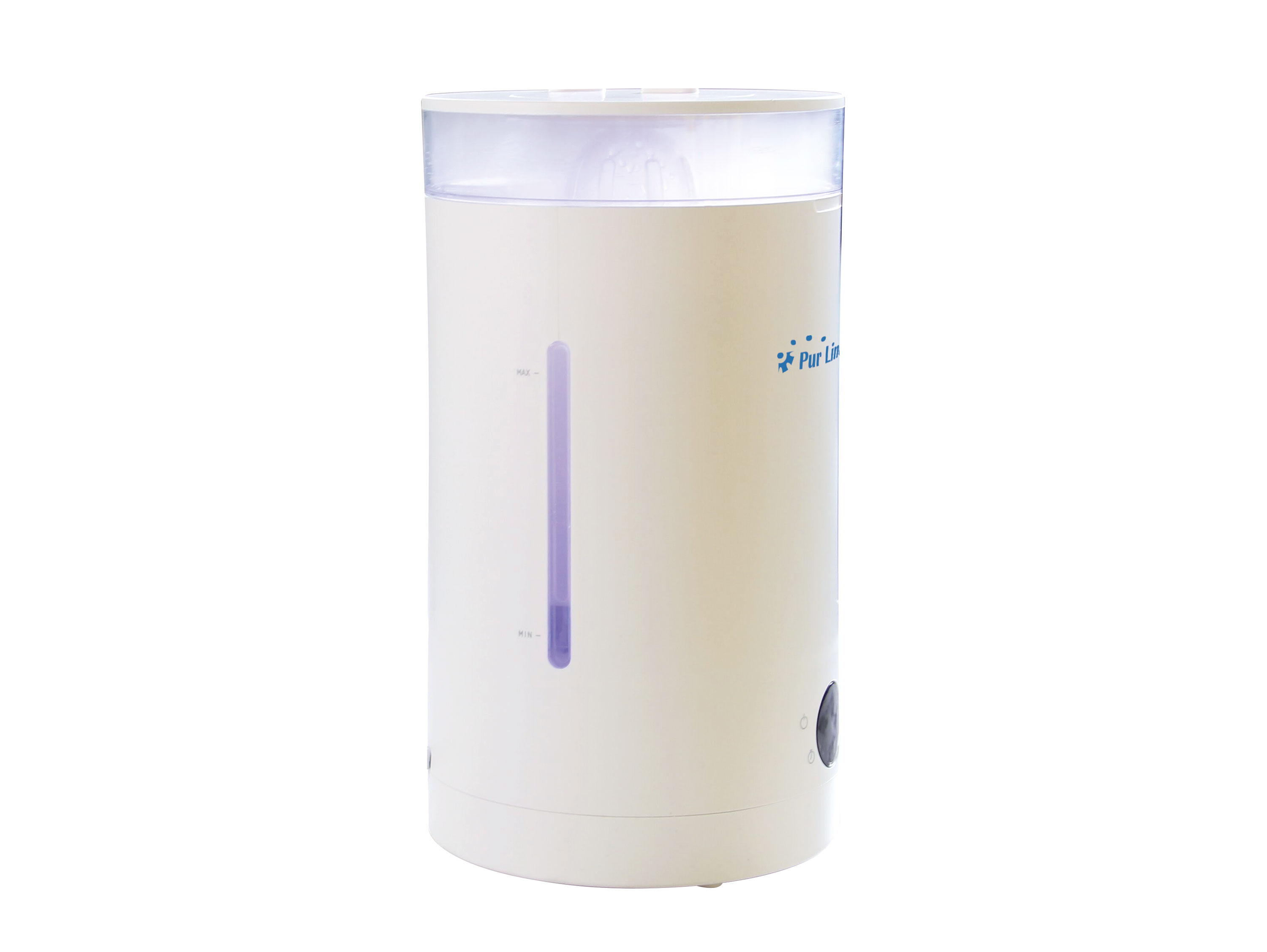 Un purificatore d'acqua bianco con parte superiore trasparente e indicatore di livello viola.