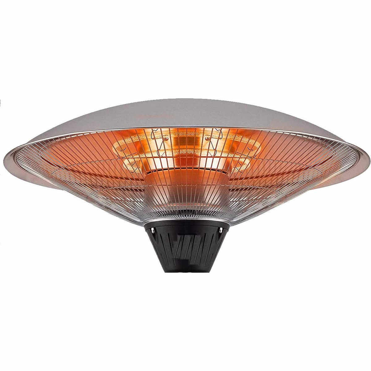 Silberner Heizstrahler für den Außenbereich mit Wärmelampe. Drahtgitter über der Lampe.